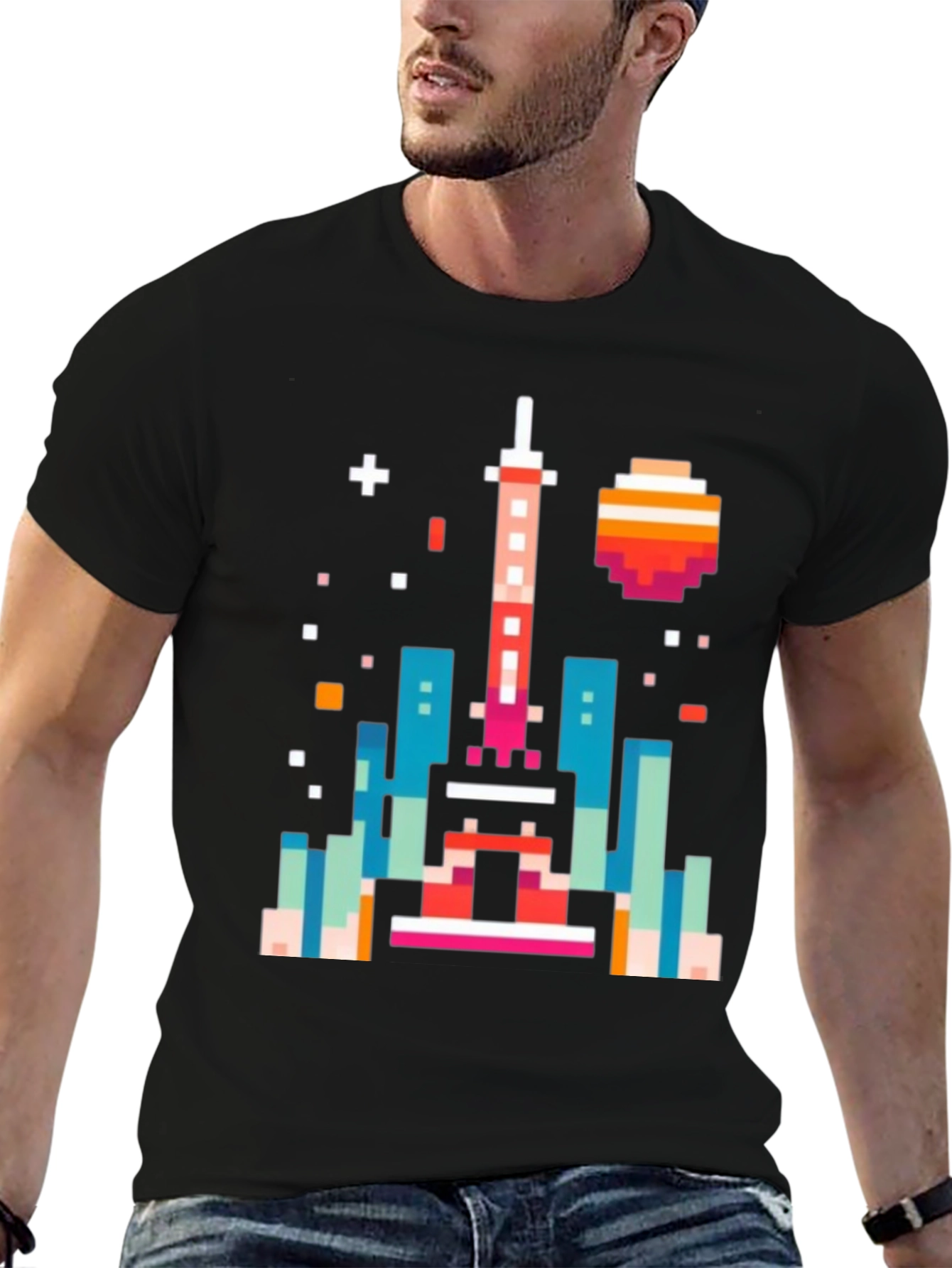Pixel Art Cityscape Black Tee