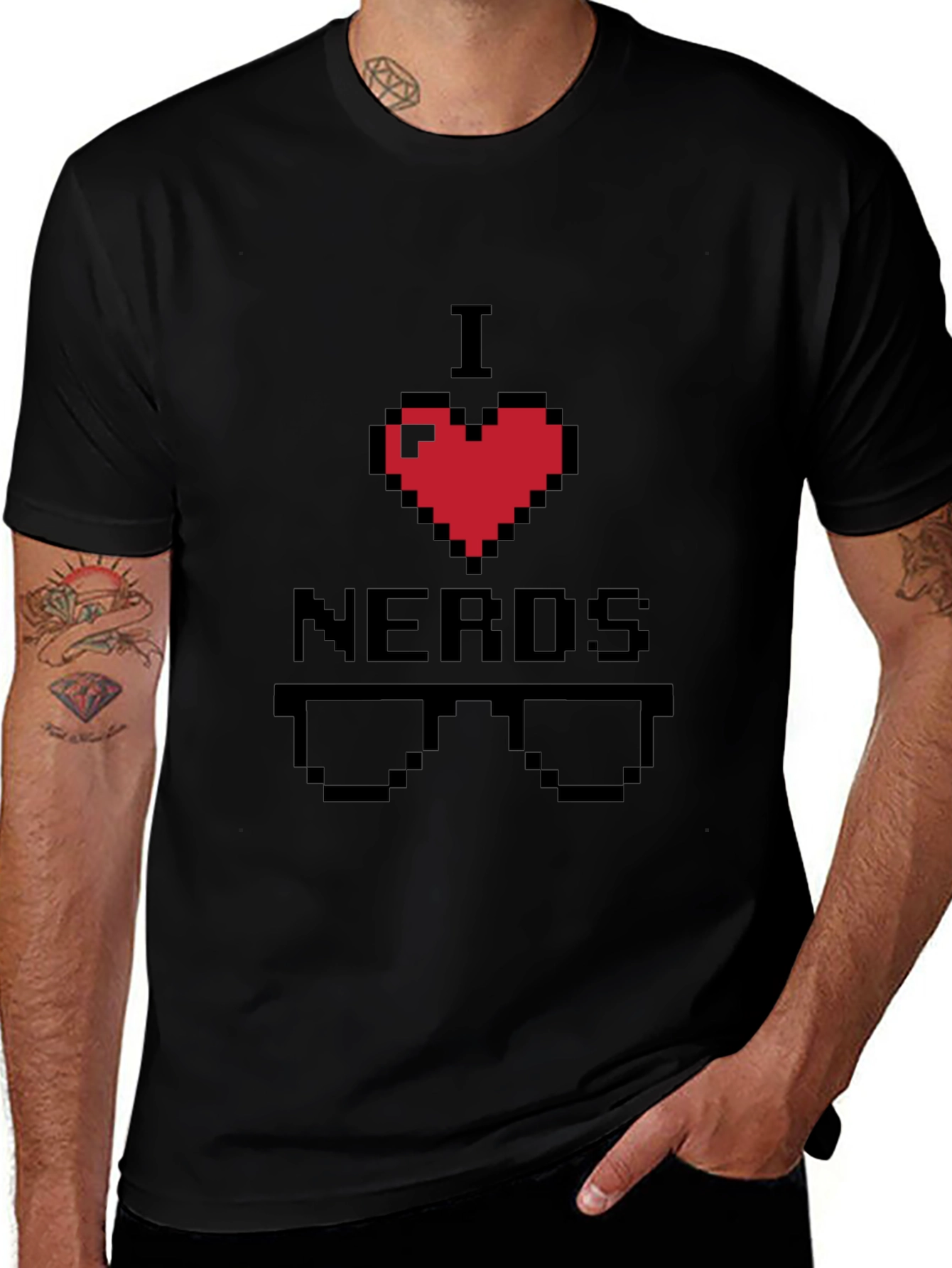 I Heart Nerds Pixel Art Black T-Shirt