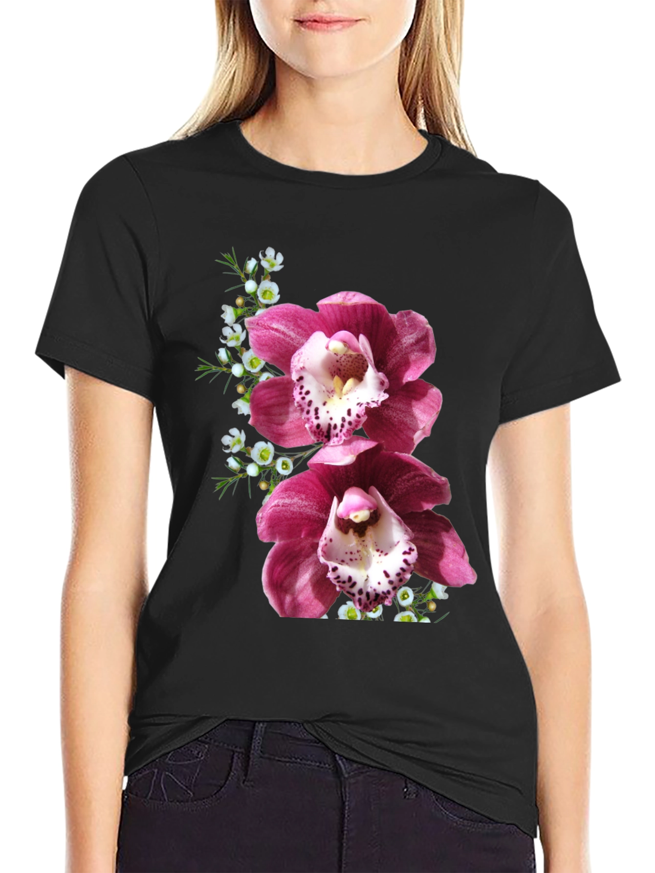Floral Orchid Print Black T-Shirt