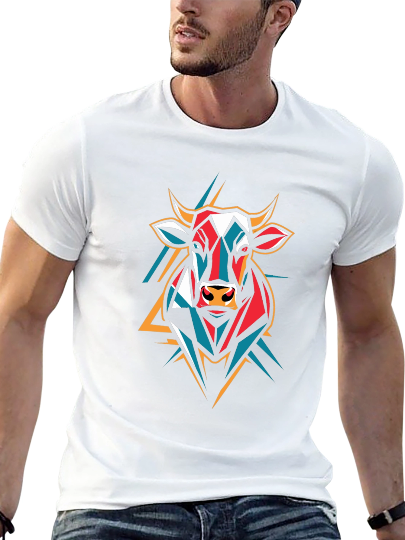 Geometric Bull Graphic Tee - Stylish Animal Print
