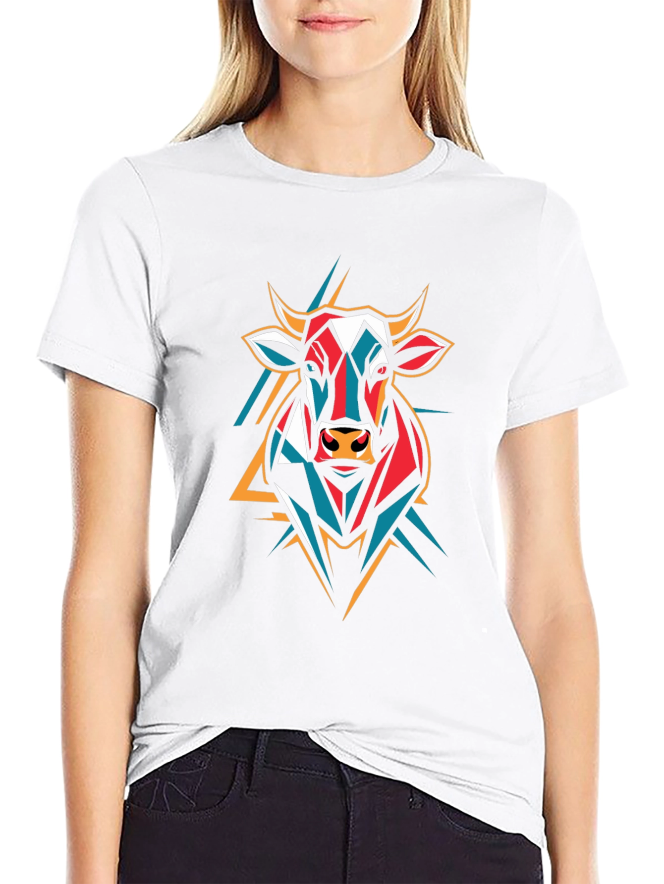 Geometric Bull Graphic Tee - Stylish Animal Print