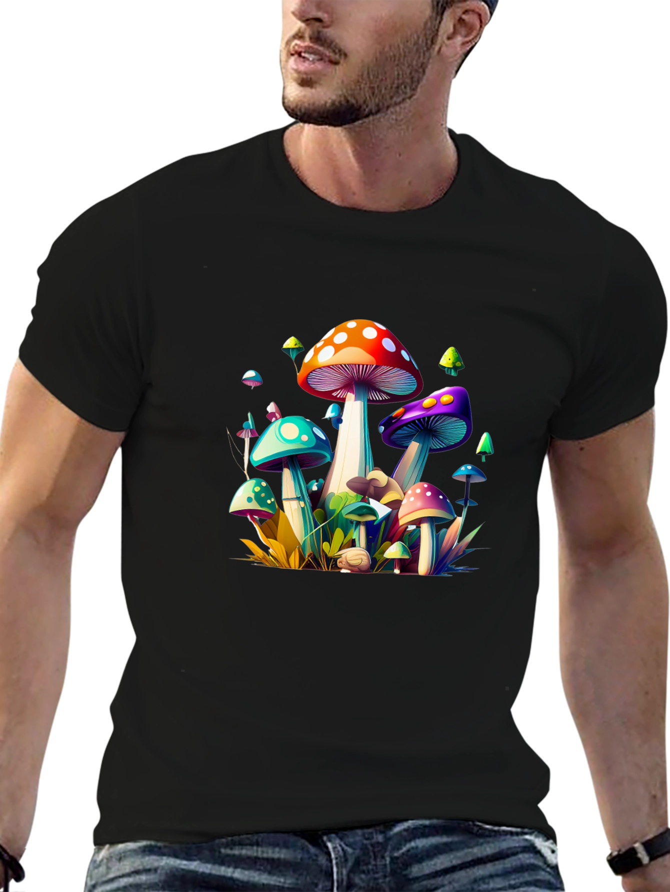 Vibrant Mushroom Graphic Tee - Unisex Black T-Shirt
