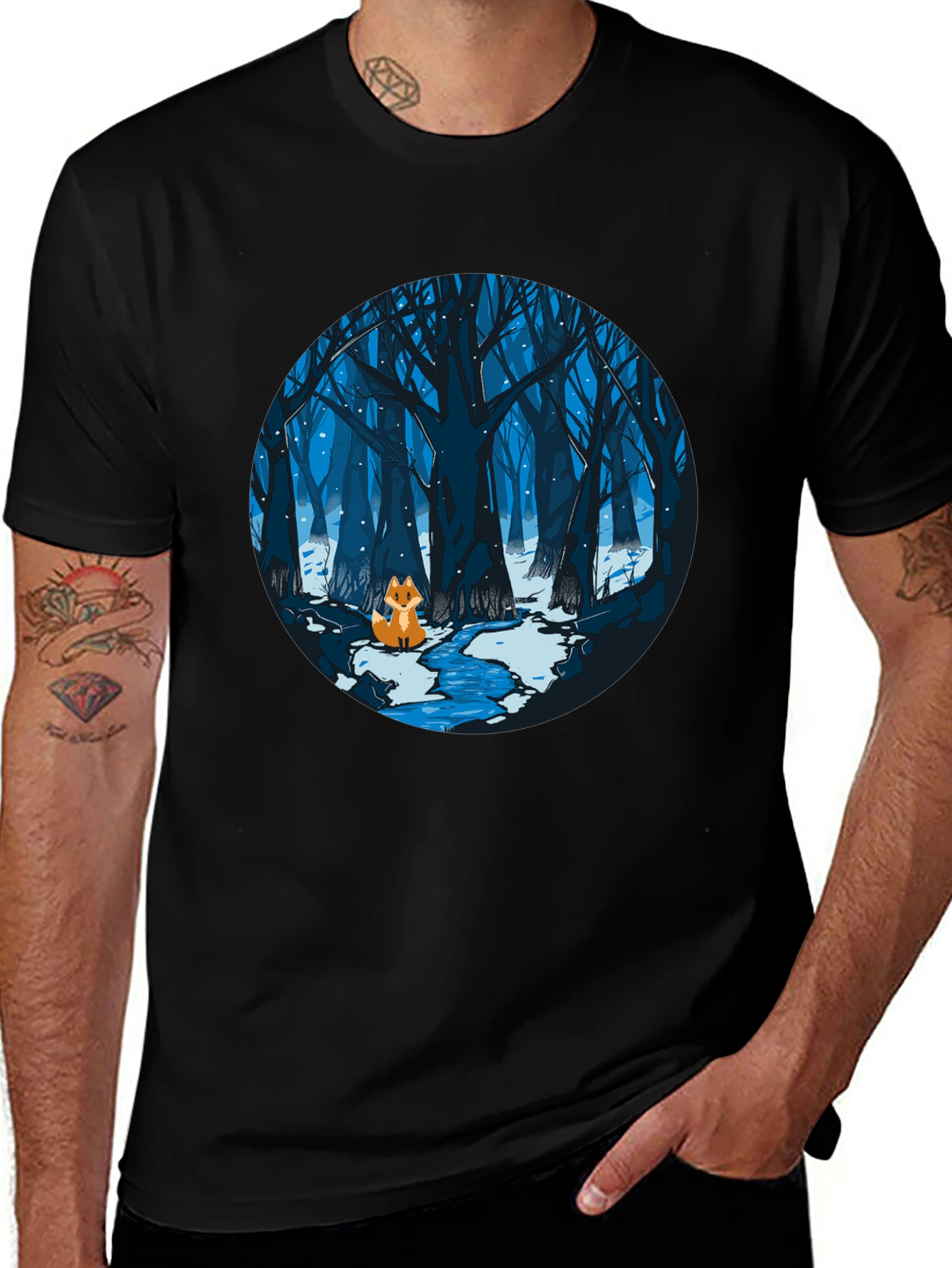 Fox in Winter Forest Graphic Black T-Shirt