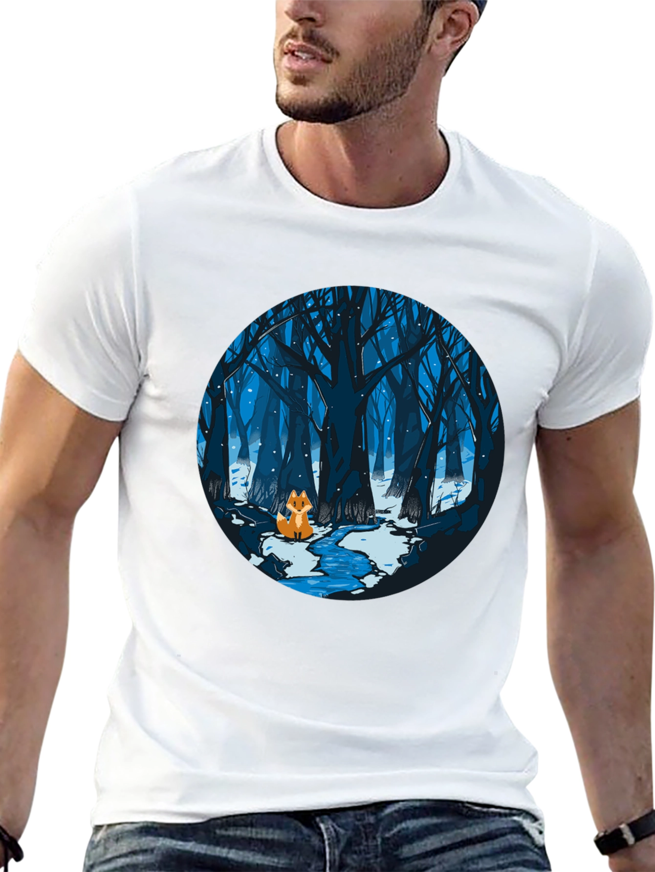 Fox in Winter Forest Graphic Black T-Shirt