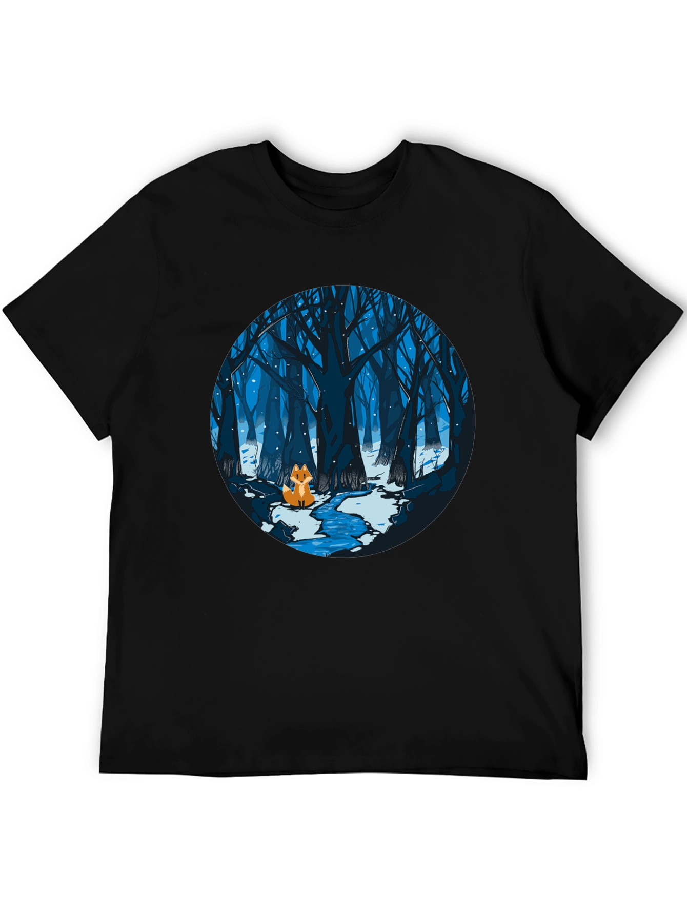 Fox in Winter Forest Graphic Black T-Shirt