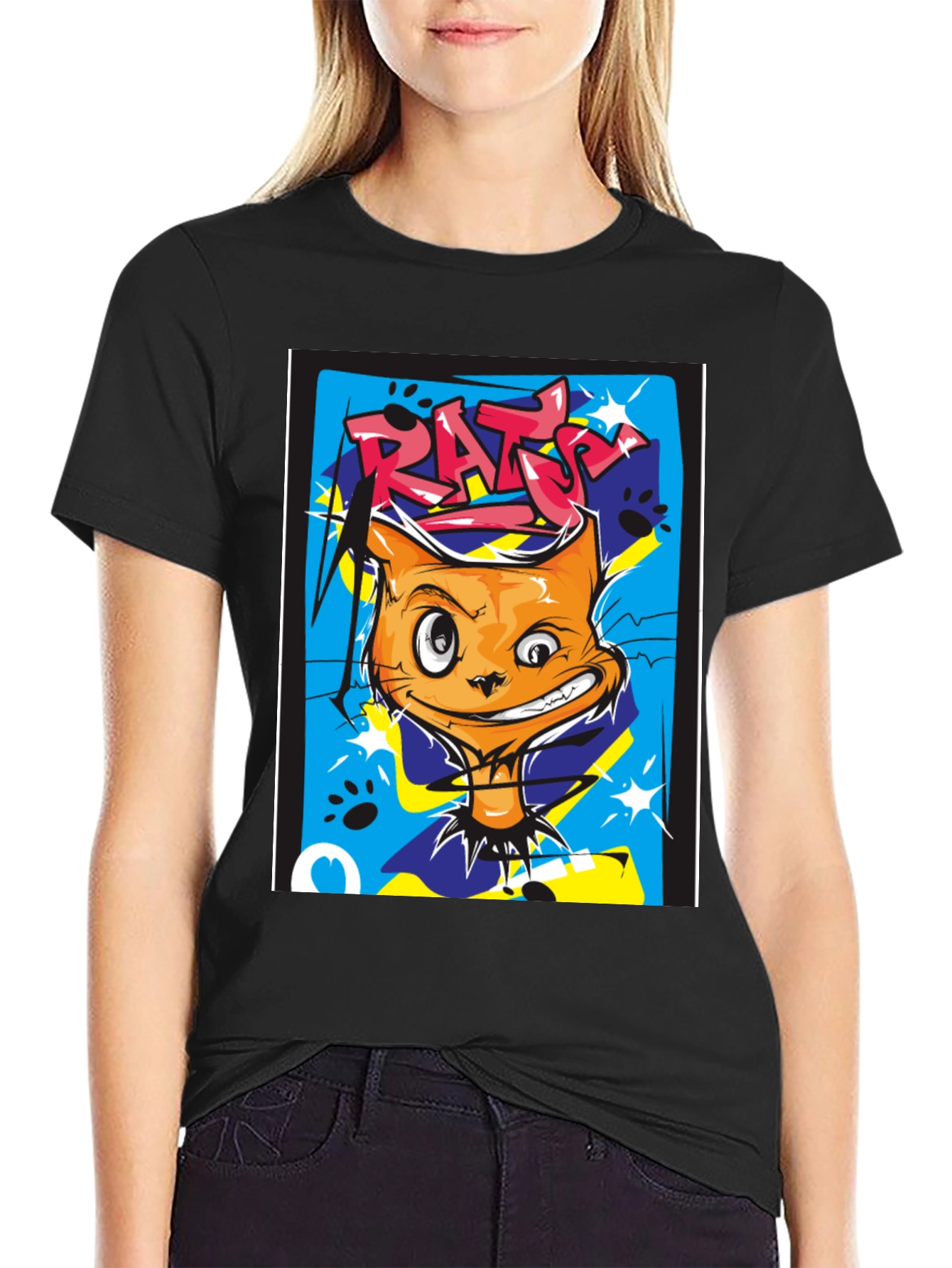 RATS Cat Graphic Print Black T-Shirt