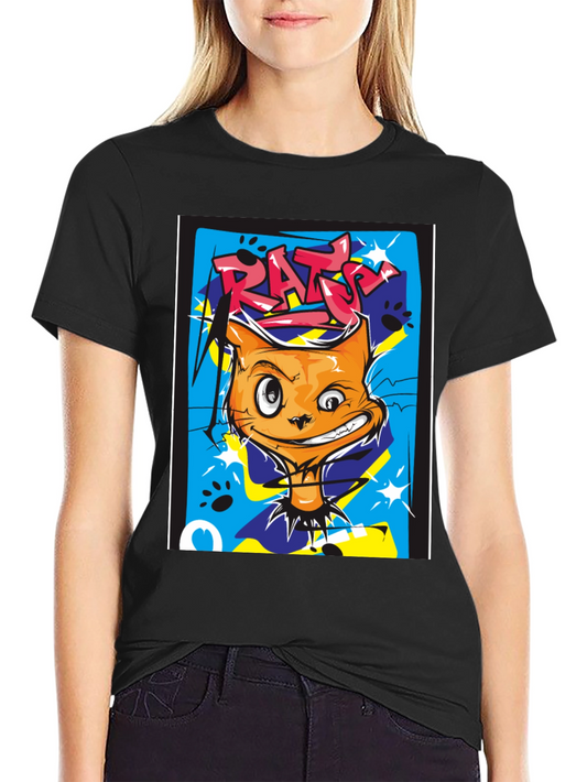 RATS Cat Graphic Print Black T-Shirt