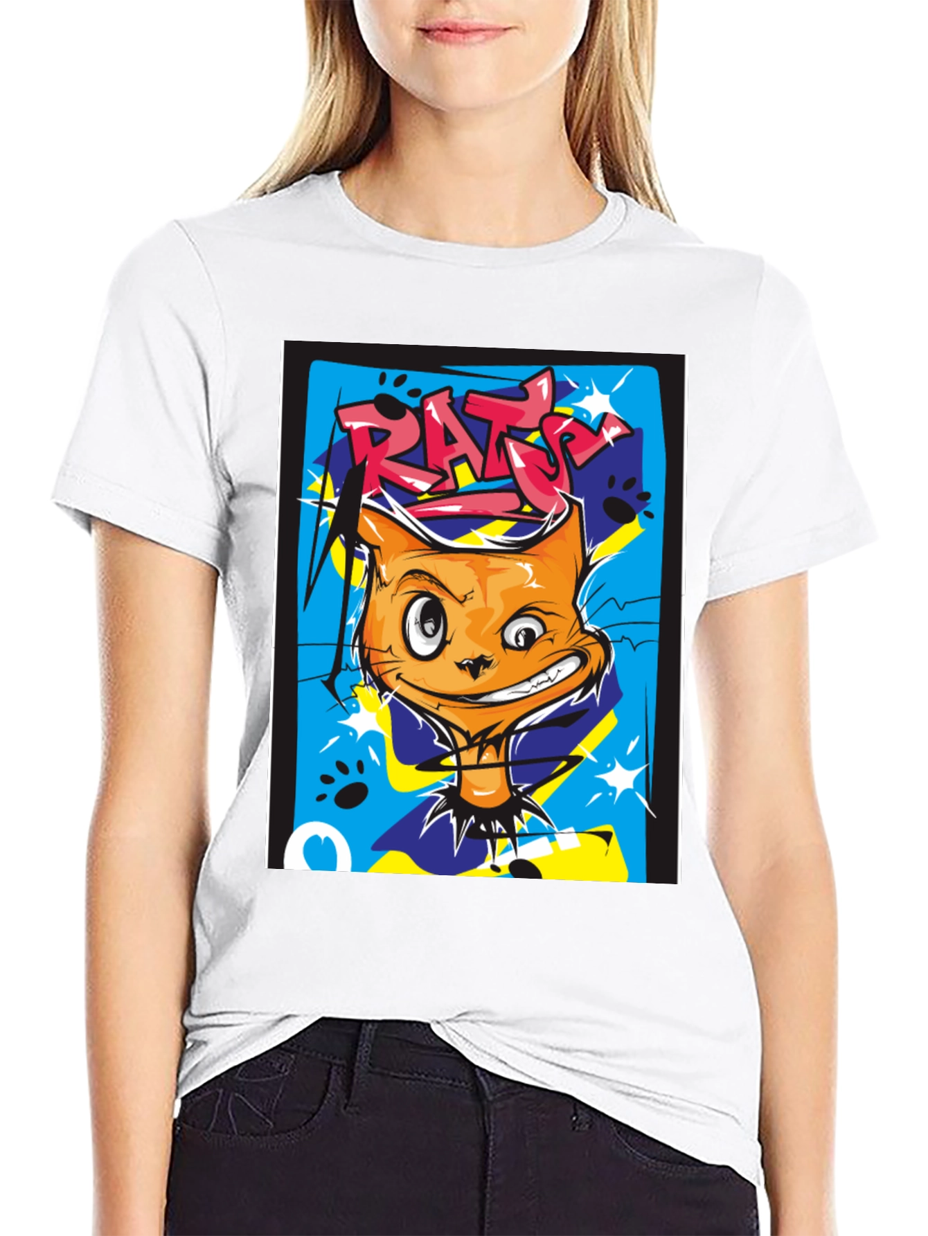 RATS Cat Graphic Print Black T-Shirt