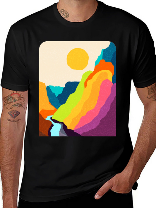 Colorful Mountain Vista Graphic Tee - Stylish Crew Neck