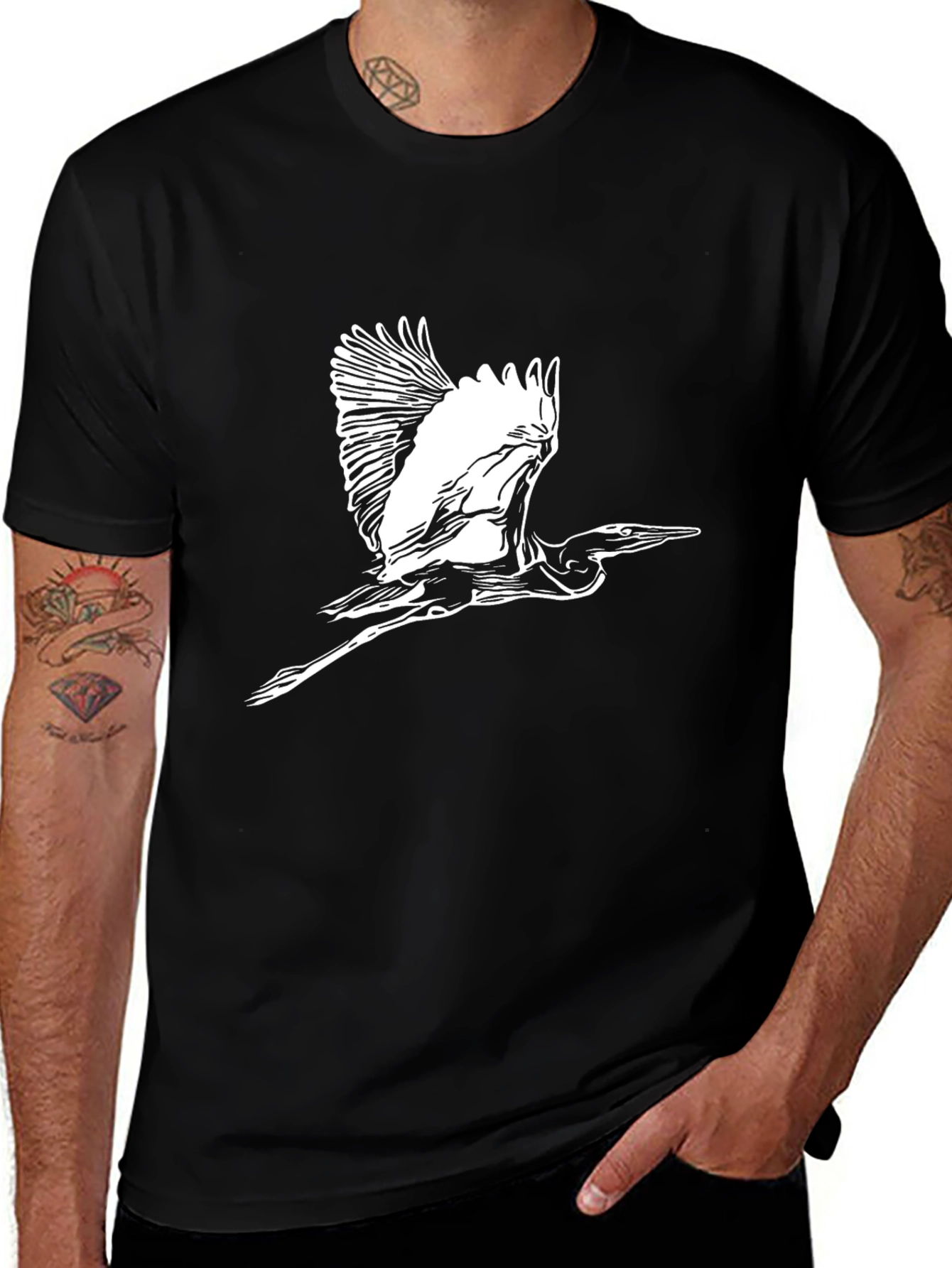 Heron Graphic Tee - Black Cotton Blend T-Shirt