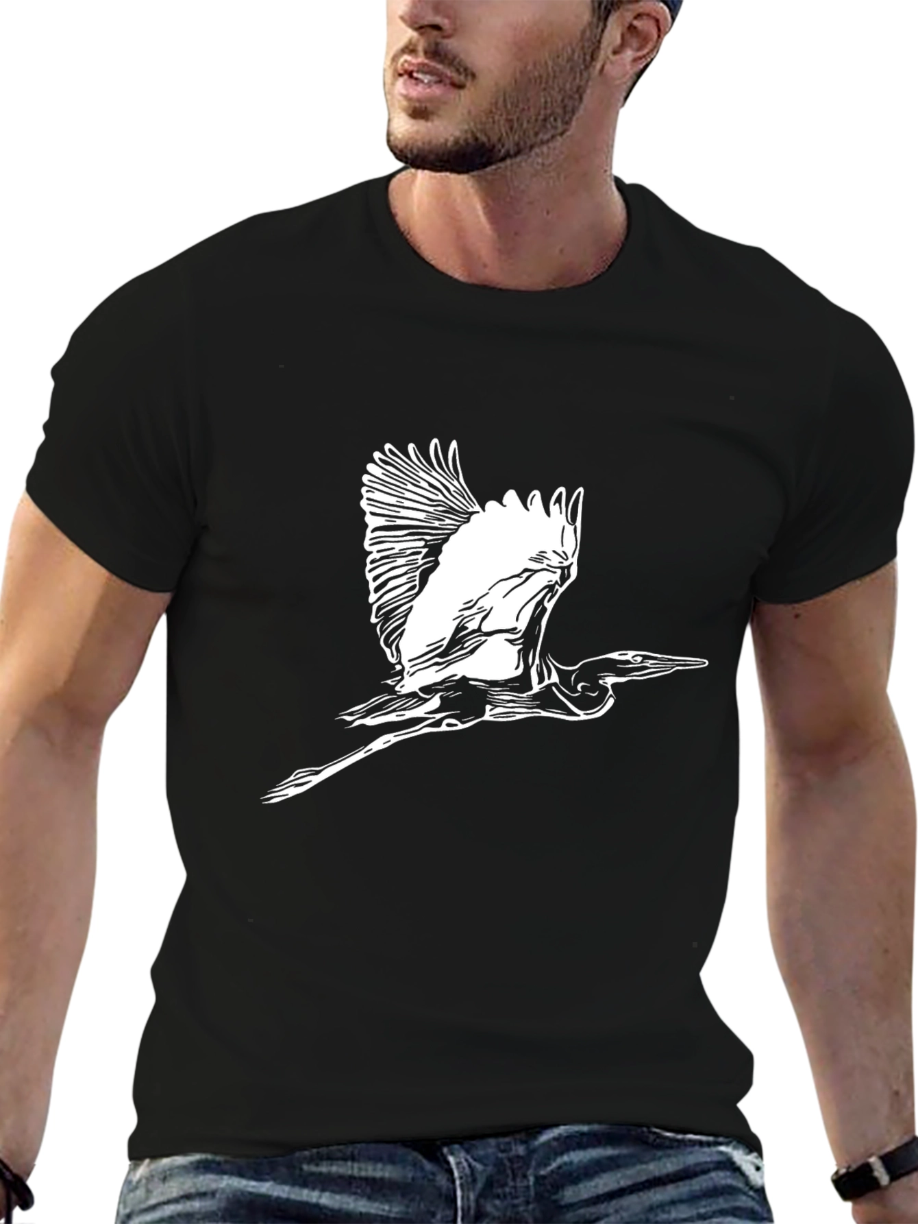 Heron Graphic Tee - Black Cotton Blend T-Shirt