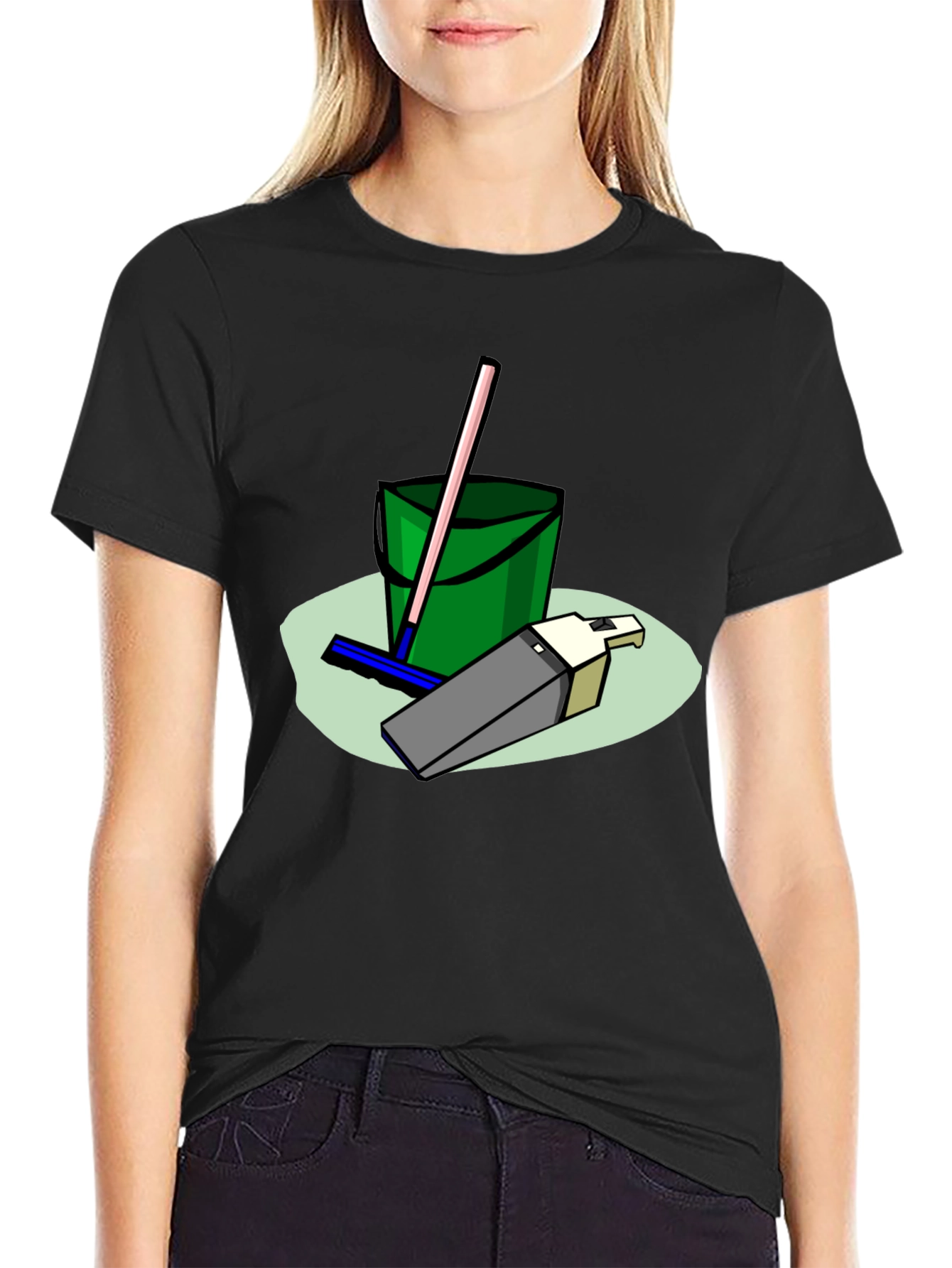 Cleaning Crew T-Shirt - Cartoon Bucket & Mop Tee