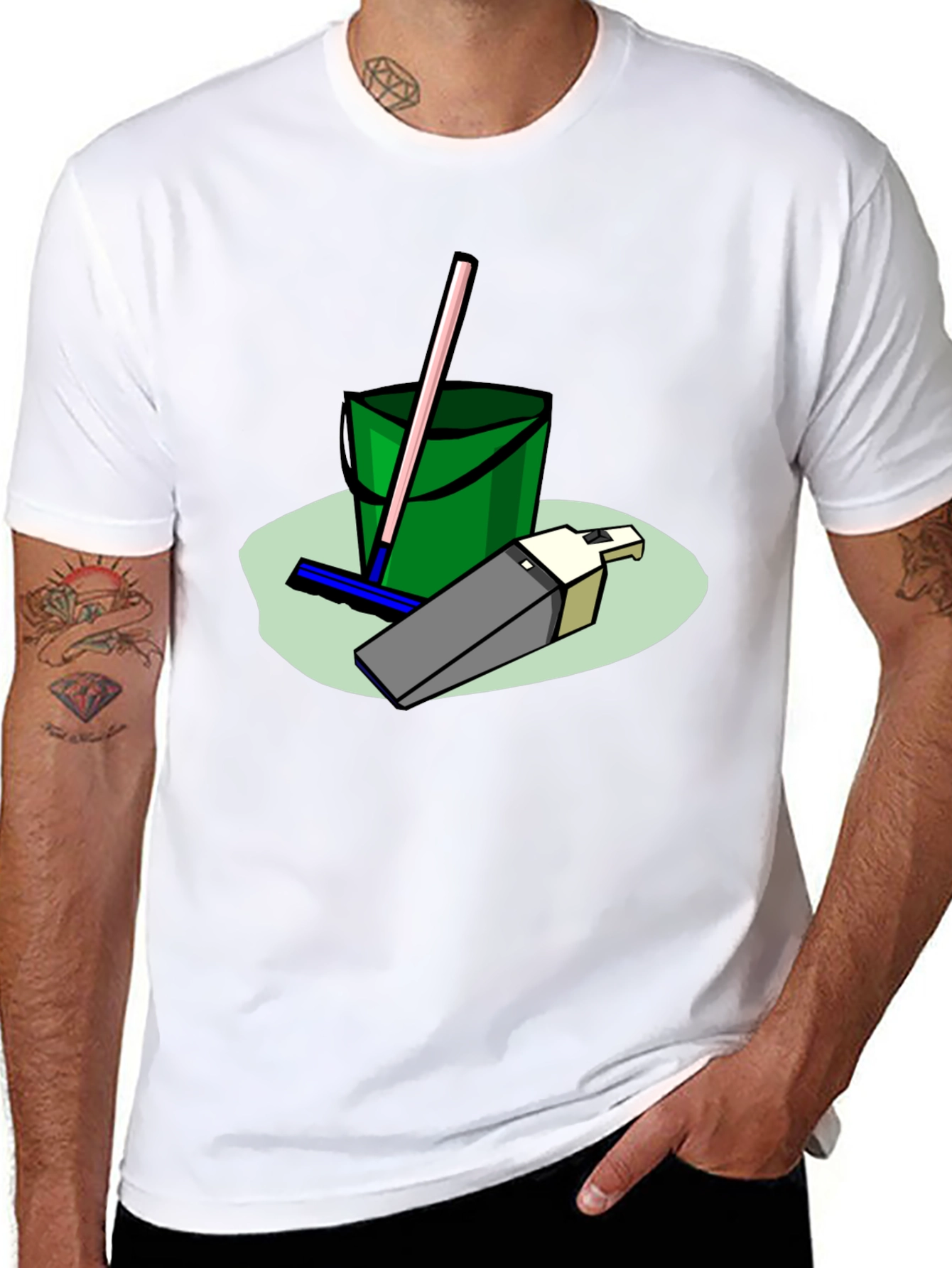 Cleaning Crew T-Shirt - Cartoon Bucket & Mop Tee