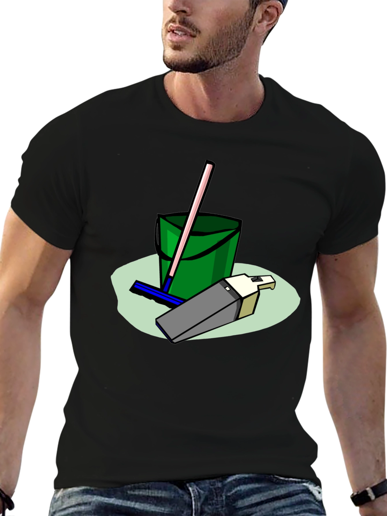 Cleaning Crew T-Shirt - Cartoon Bucket & Mop Tee
