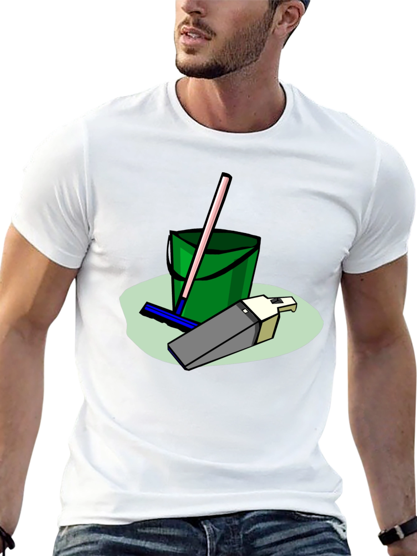 Cleaning Crew T-Shirt - Cartoon Bucket & Mop Tee