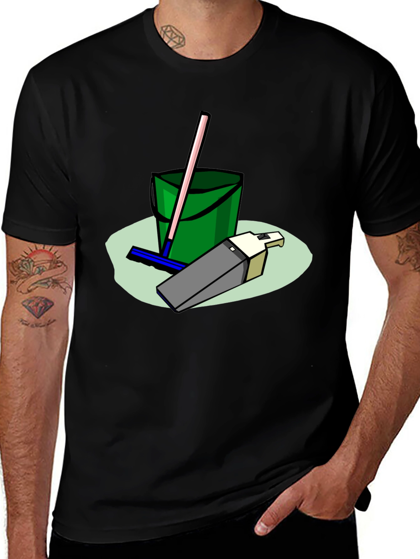 Cleaning Crew T-Shirt - Cartoon Bucket & Mop Tee