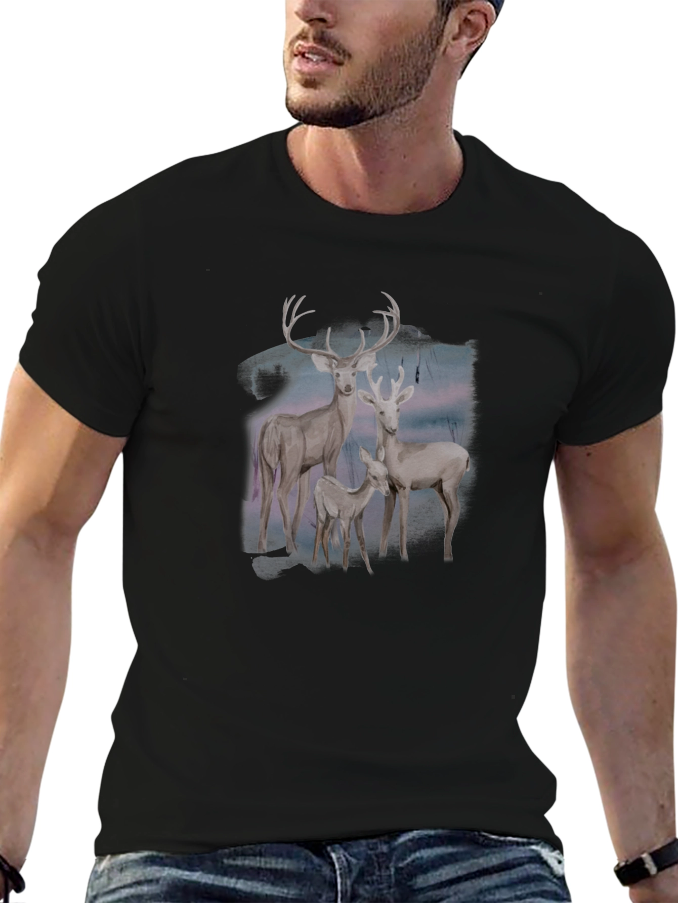 Deer Family Graphic Tee - Black Cotton Blend