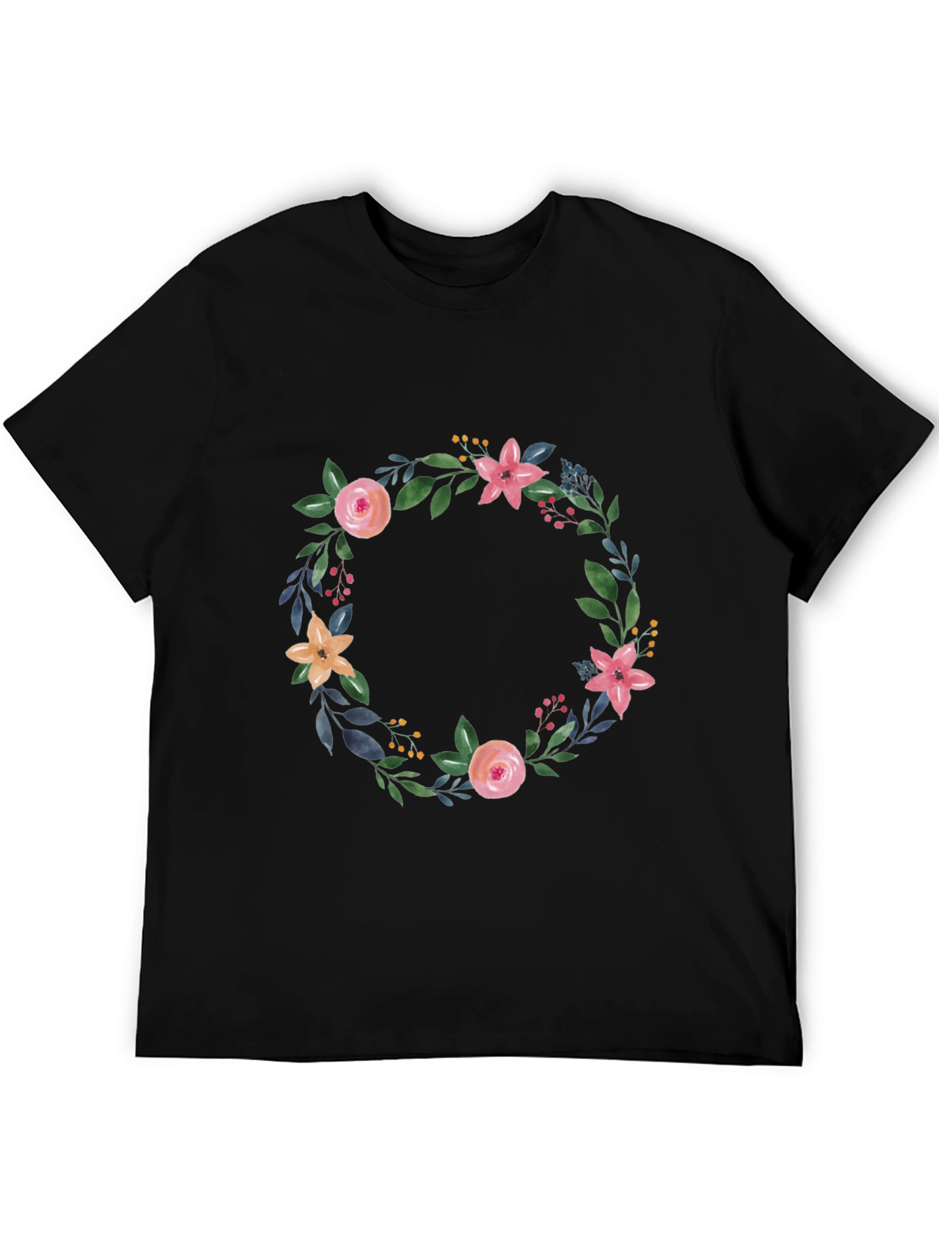 Floral Wreath Graphic Black T-Shirt