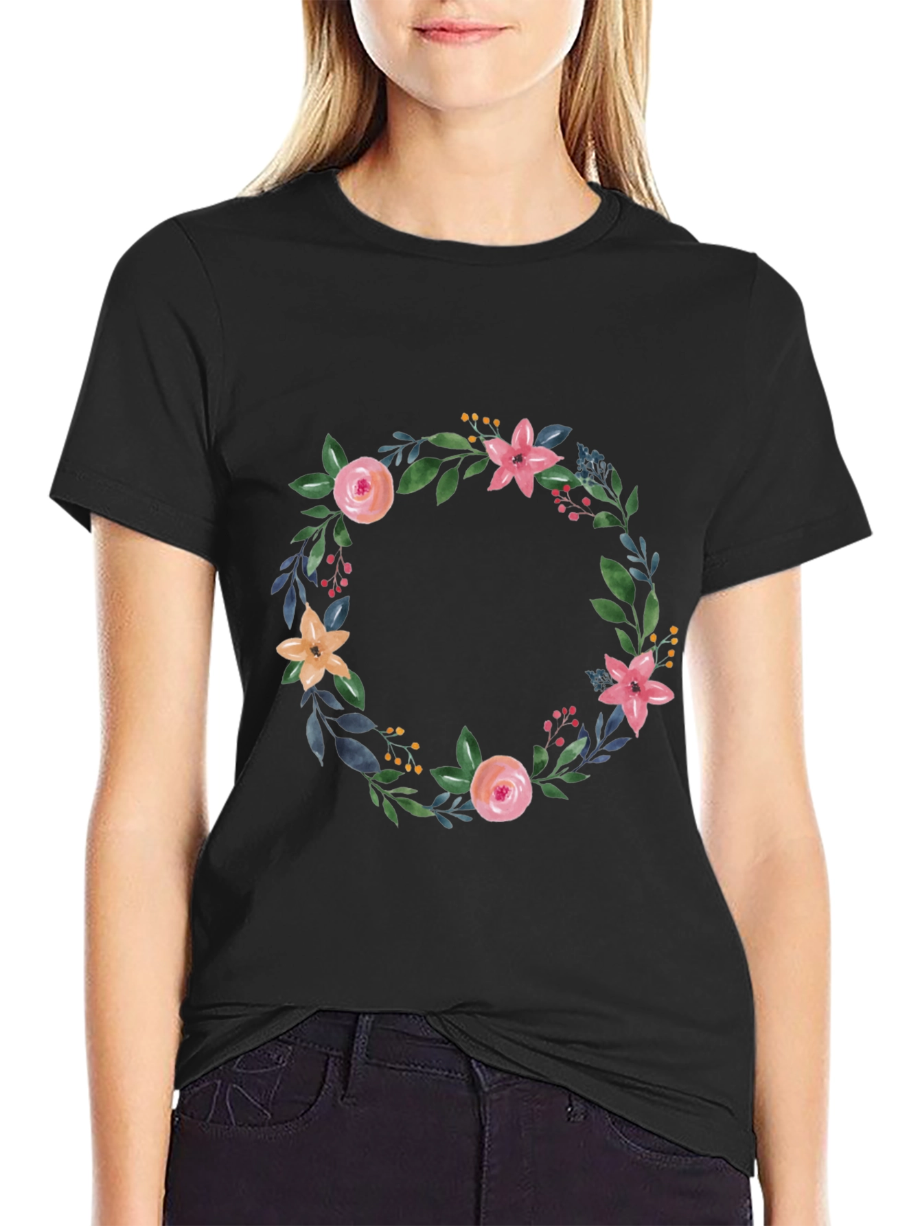 Floral Wreath Graphic Black T-Shirt