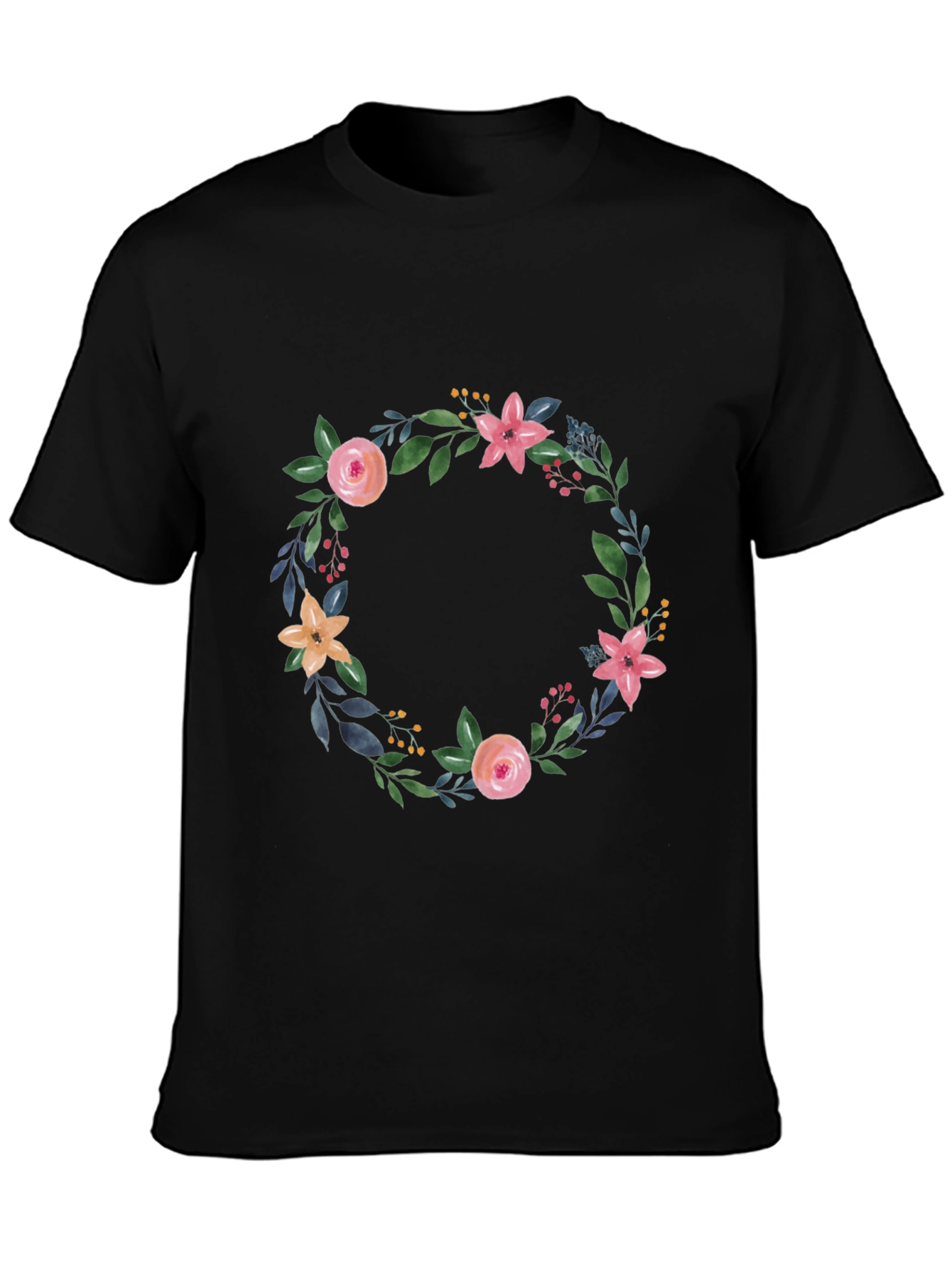 Floral Wreath Graphic Black T-Shirt