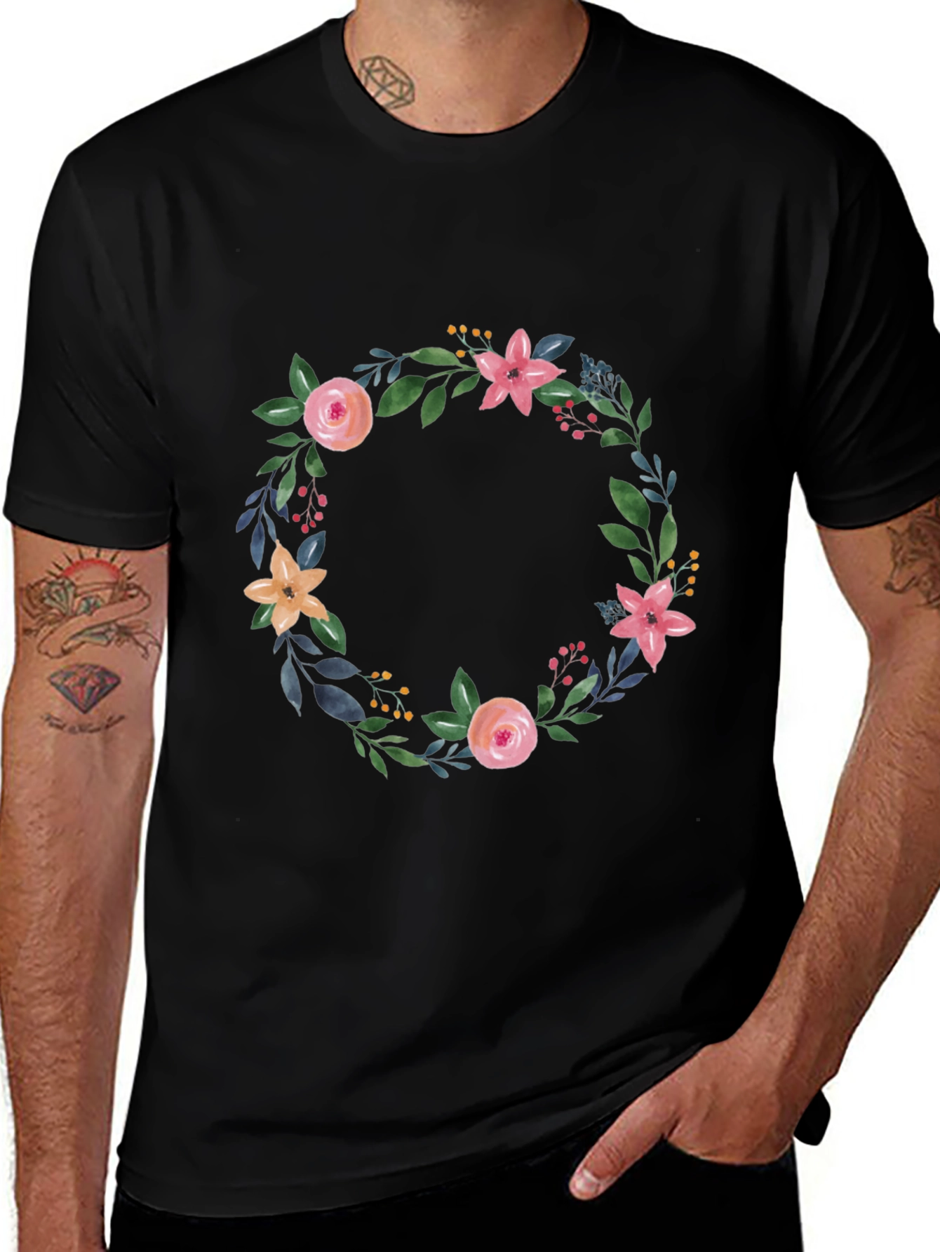Floral Wreath Graphic Black T-Shirt