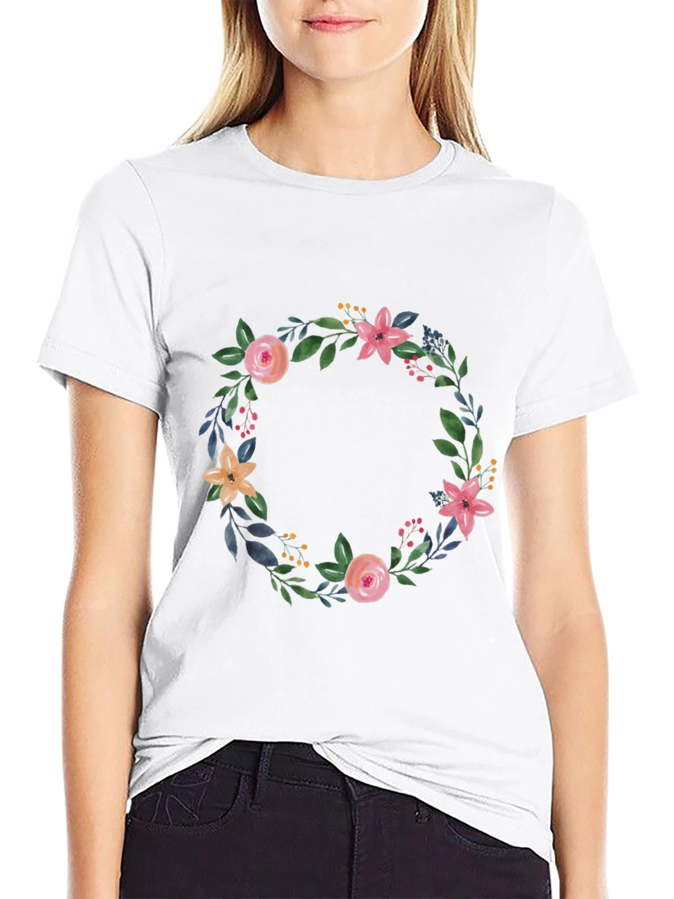 Floral Wreath Graphic Black T-Shirt