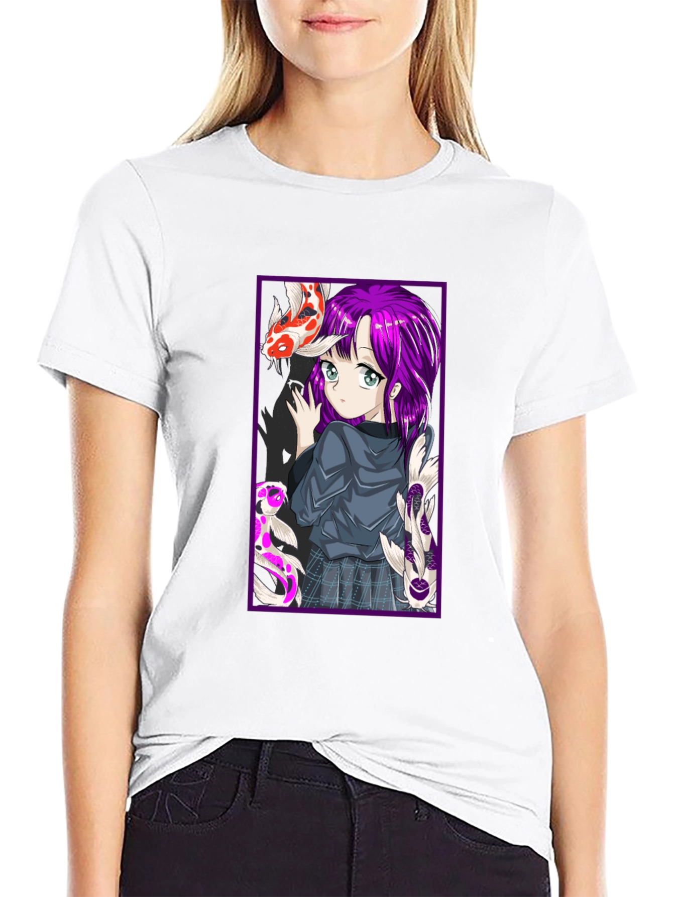 Anime Girl Koi Fish Graphic Tee - Black