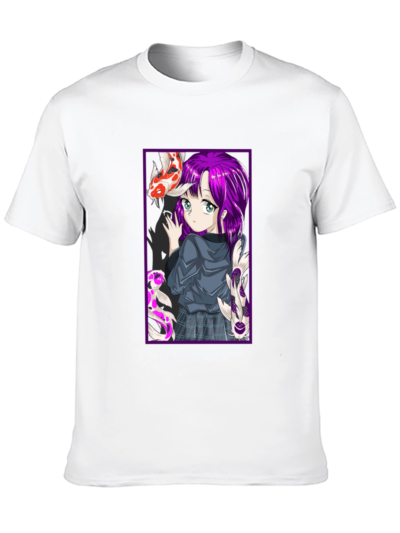 Anime Girl Koi Fish Graphic Tee - Black