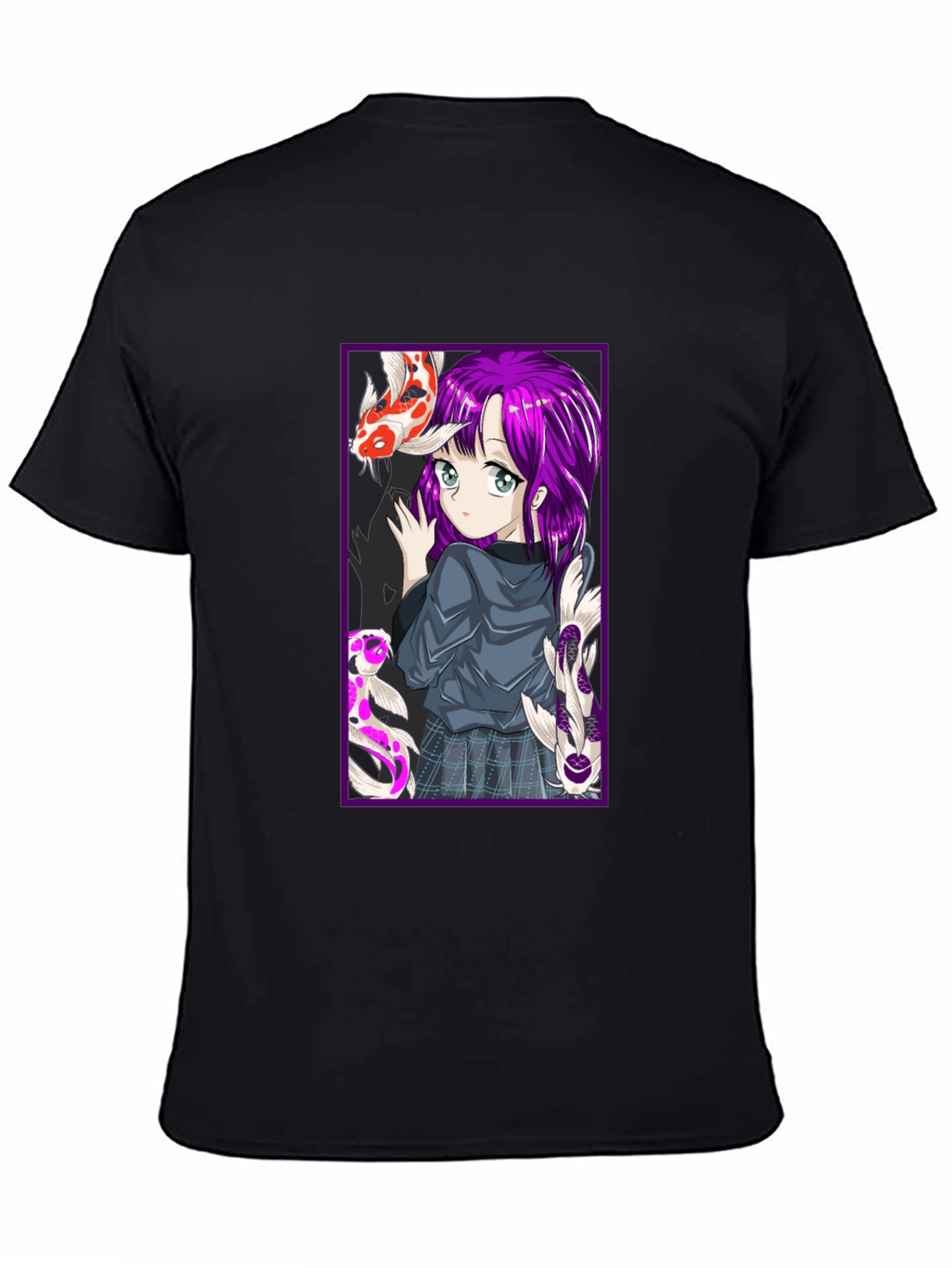 Anime Girl Koi Fish Graphic Tee - Black
