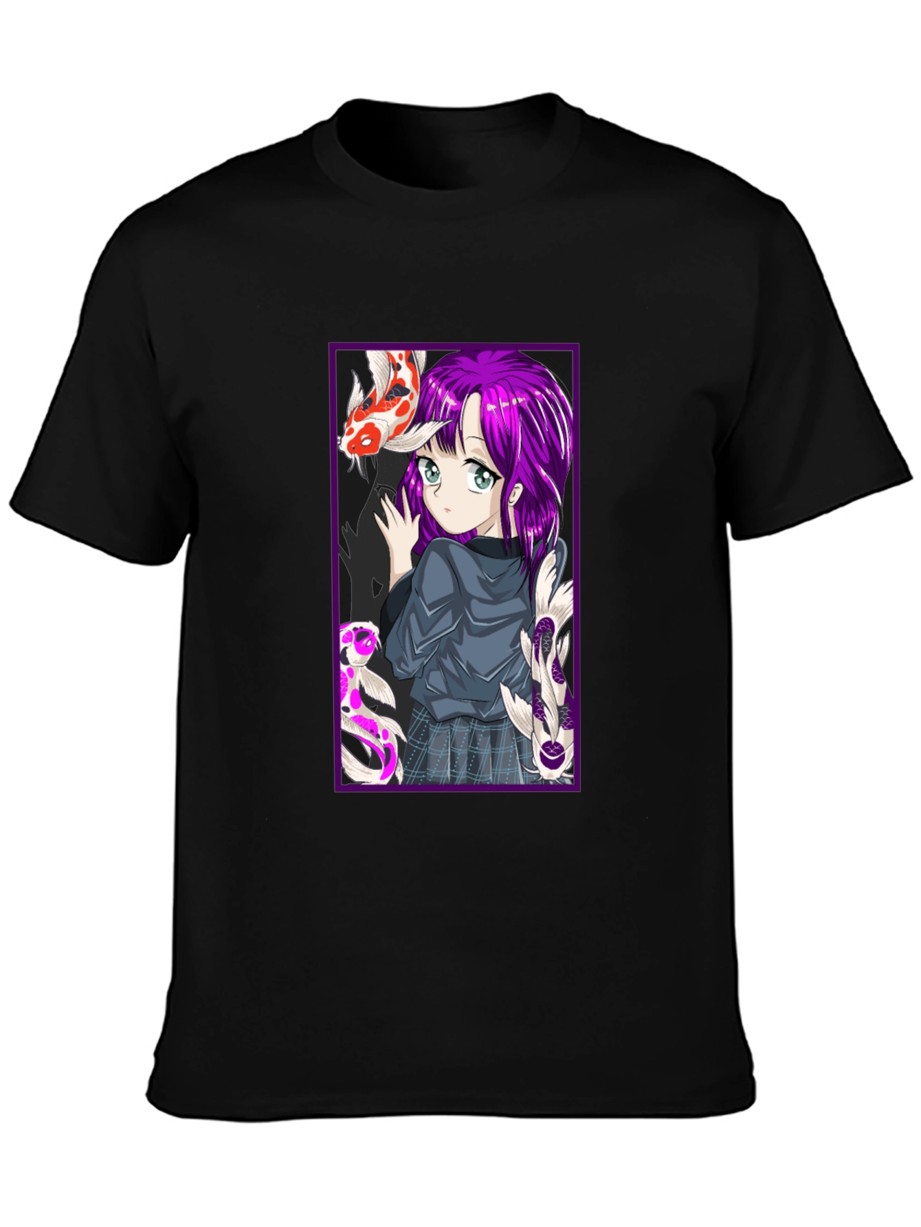 Anime Girl Koi Fish Graphic Tee - Black