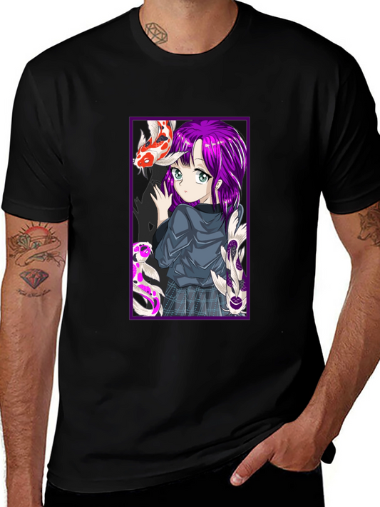 Anime Girl Koi Fish Graphic Tee - Black