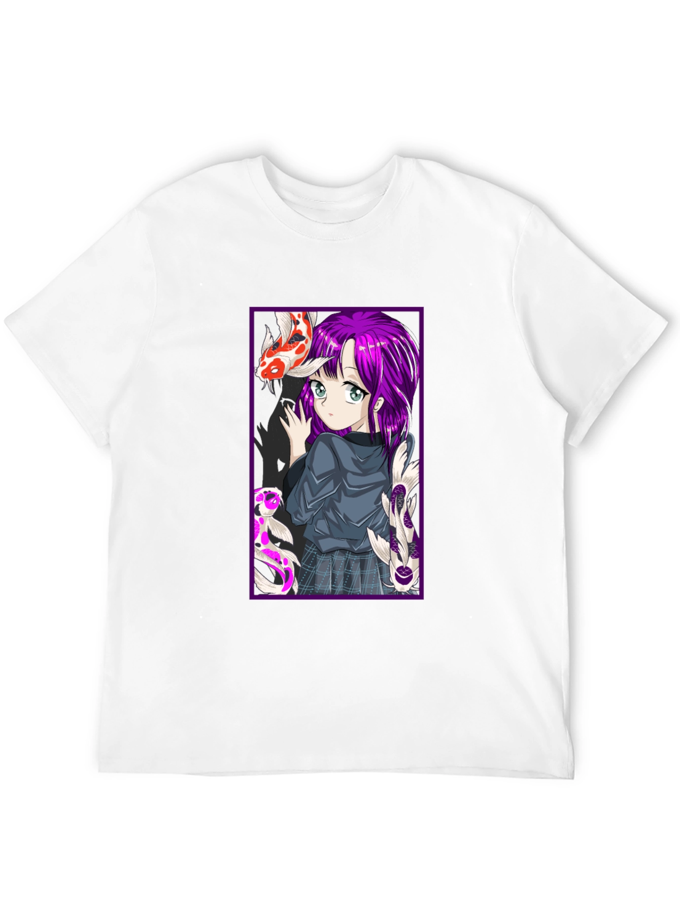Anime Girl Koi Fish Graphic Tee - Black