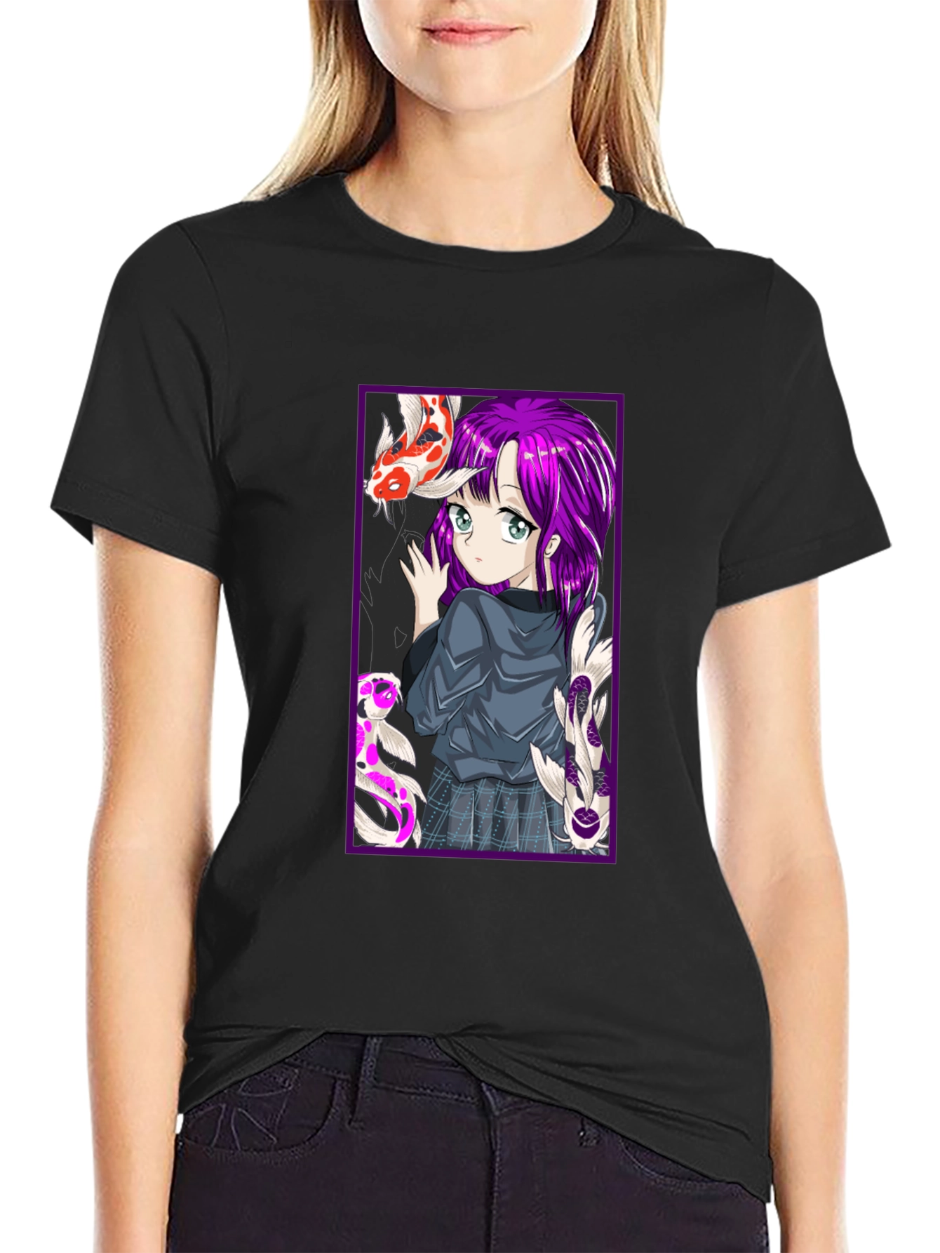 Anime Girl Koi Fish Graphic Tee - Black