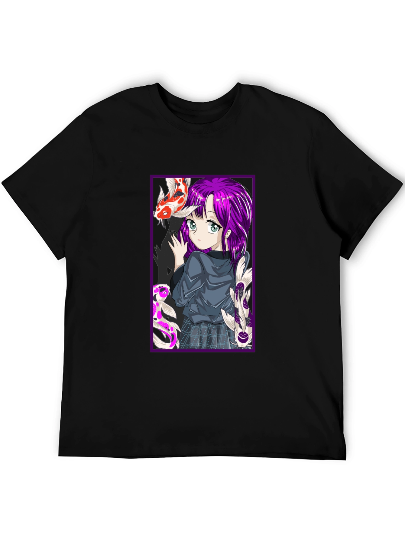 Anime Girl Koi Fish Graphic Tee - Black