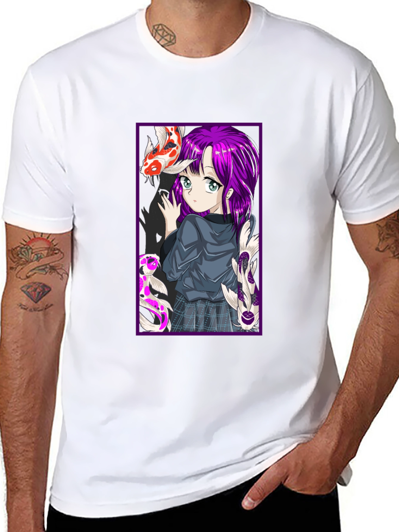 Anime Girl Koi Fish Graphic Tee - Black