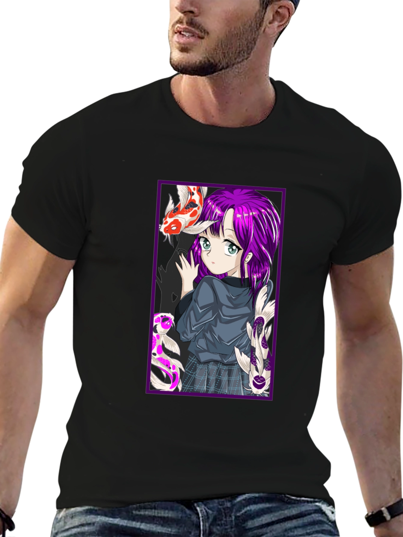 Anime Girl Koi Fish Graphic Tee - Black