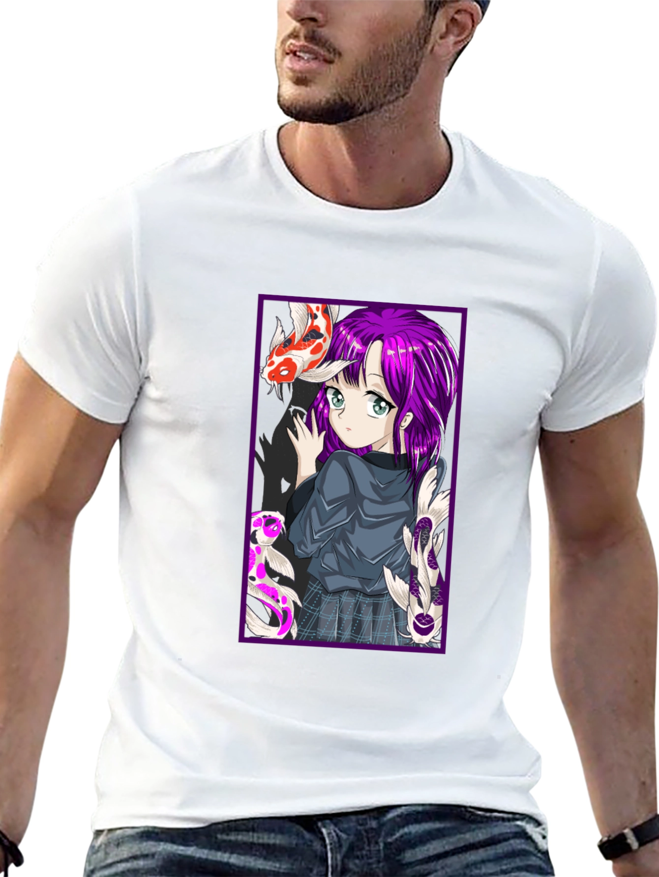 Anime Girl Koi Fish Graphic Tee - Black