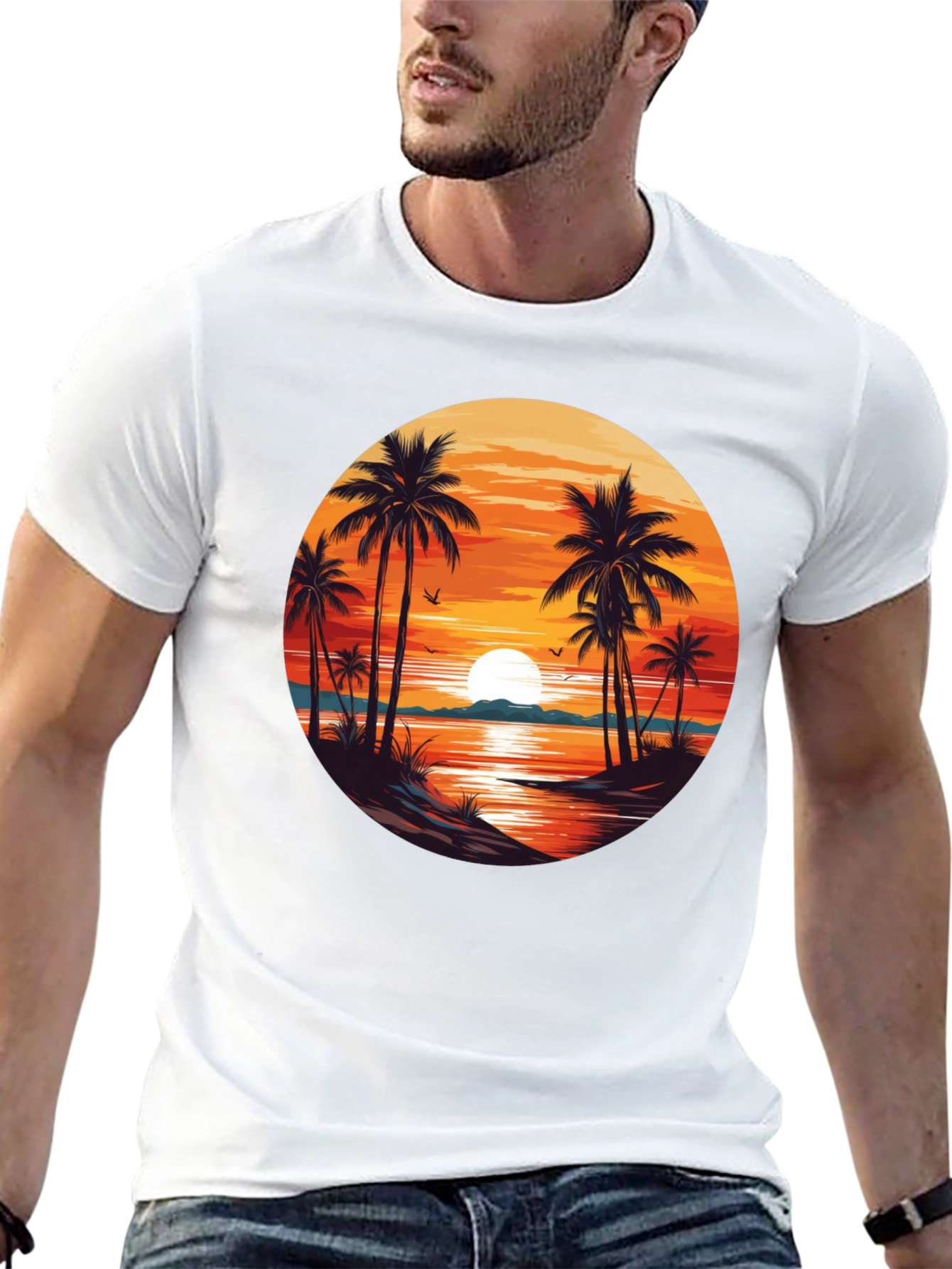 Sunset Beach Palm Tree Graphic T-Shirt