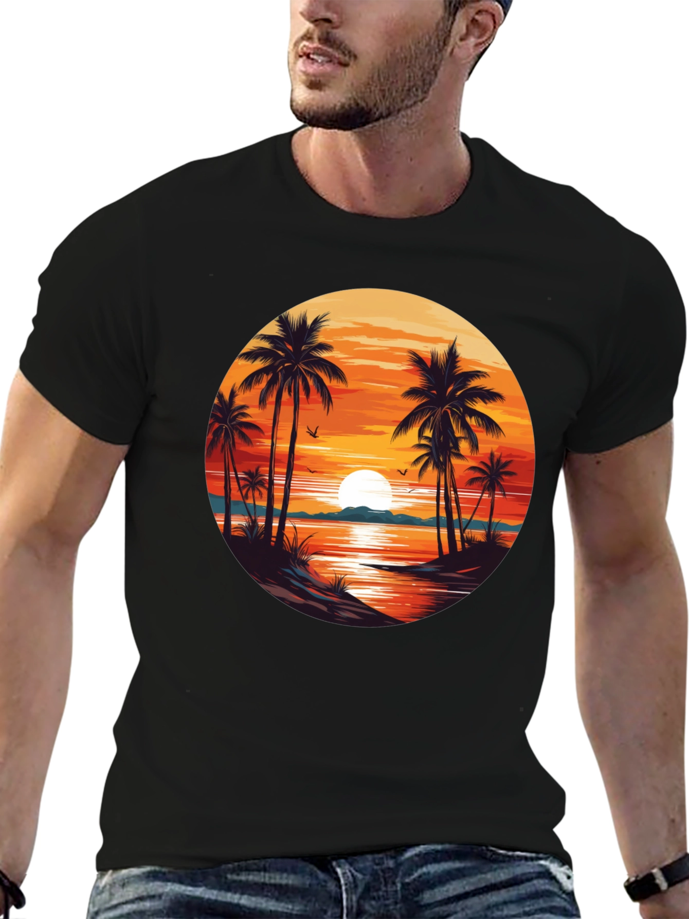 Sunset Beach Palm Tree Graphic T-Shirt