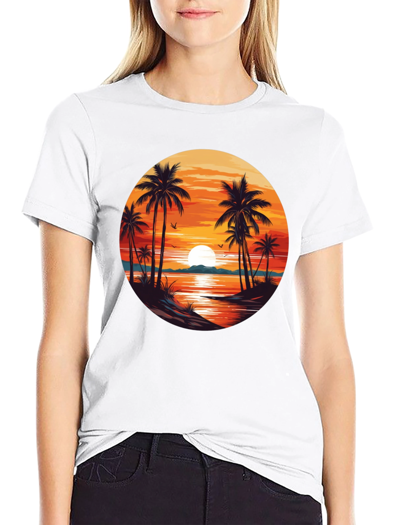 Sunset Beach Palm Tree Graphic T-Shirt