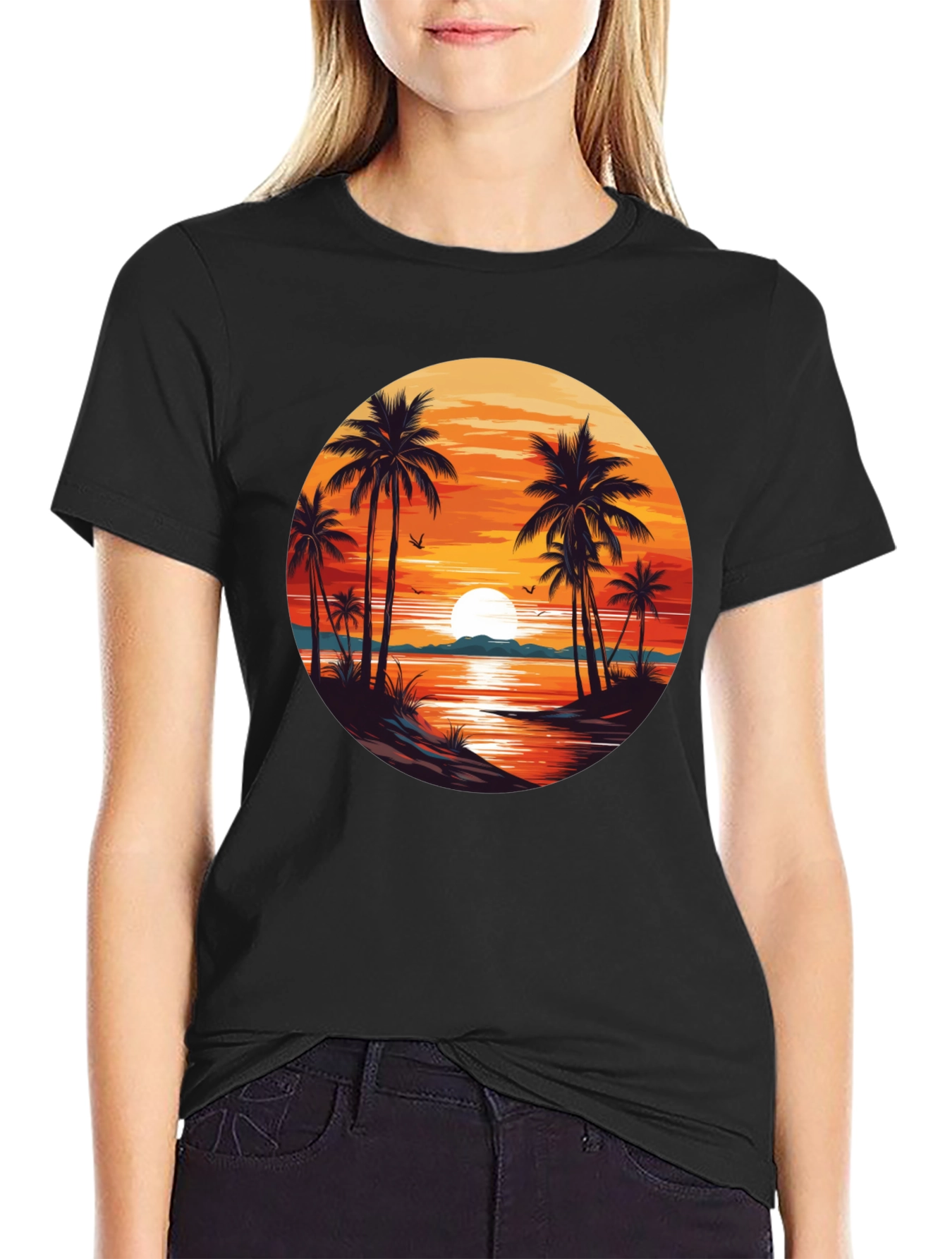 Sunset Beach Palm Tree Graphic T-Shirt