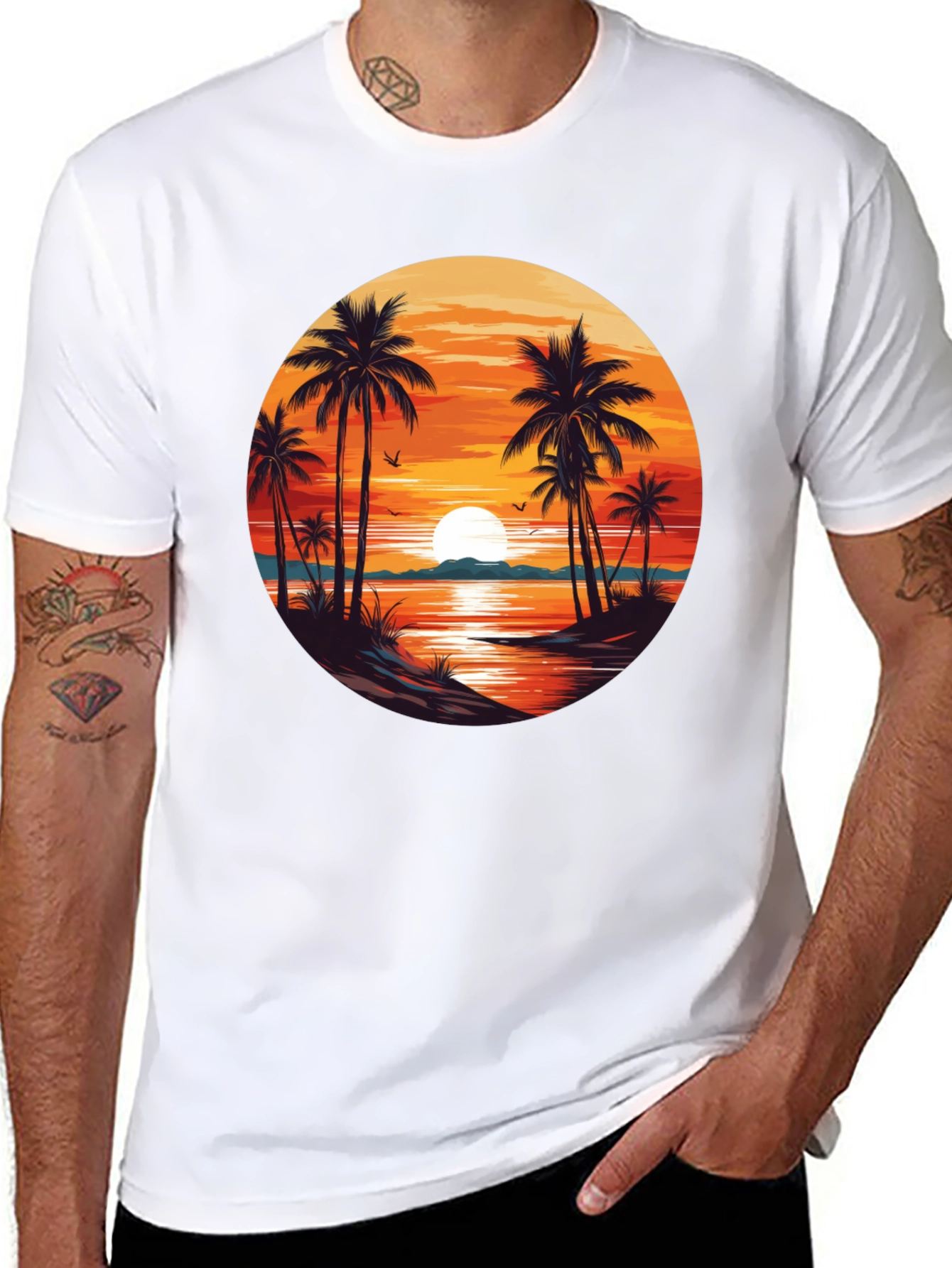 Sunset Beach Palm Tree Graphic T-Shirt