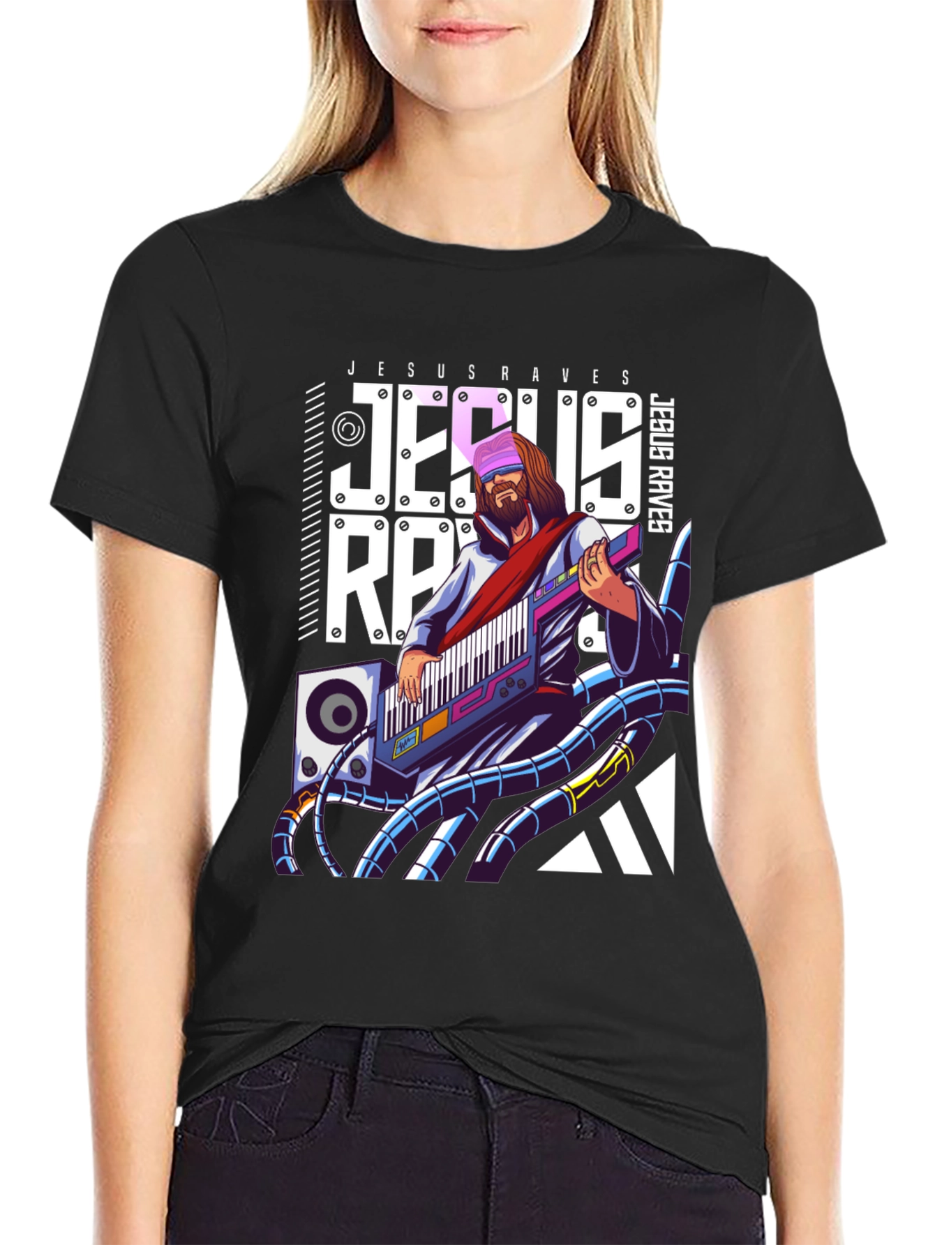 Jesus Raves Black Graphic T-Shirt - Electronic Music