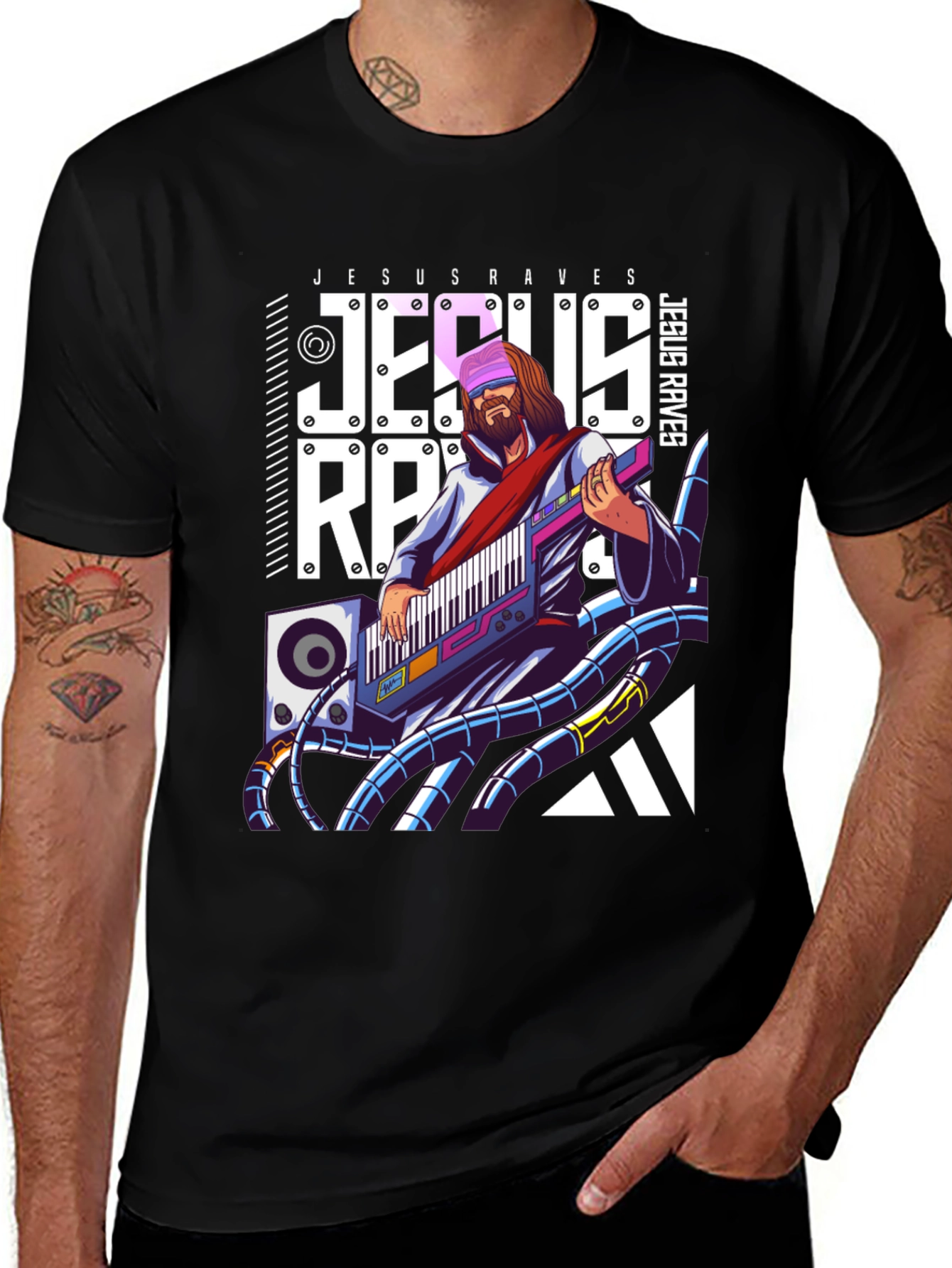 Jesus Raves Black Graphic T-Shirt - Electronic Music