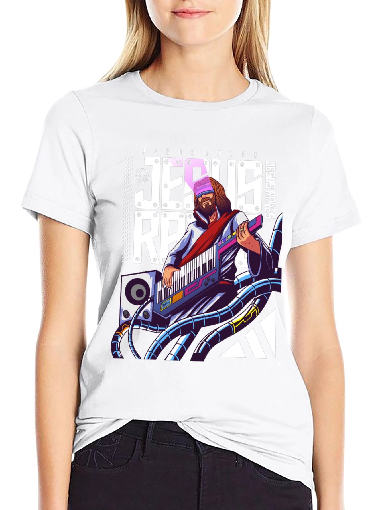 Jesus Raves Black Graphic T-Shirt - Electronic Music