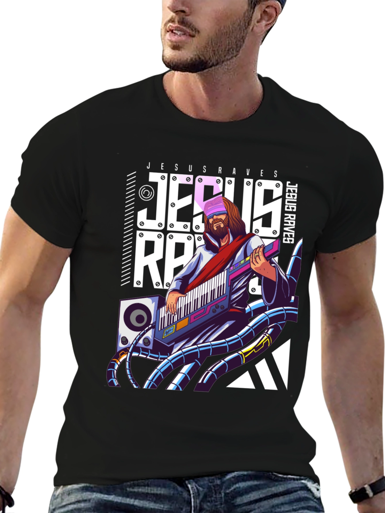 Jesus Raves Black Graphic T-Shirt - Electronic Music