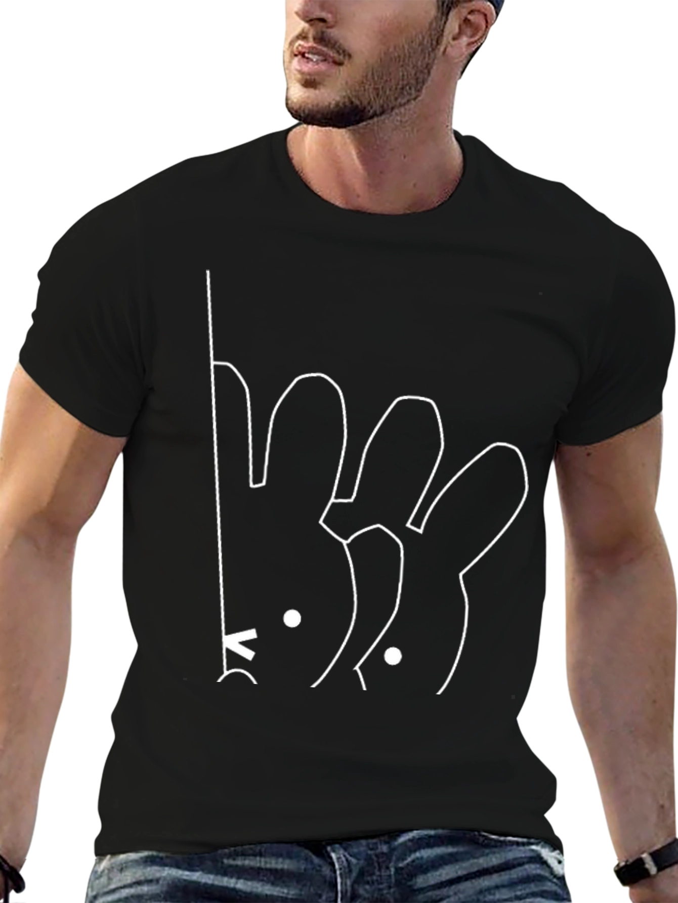 Minimalist Bunny Line Art Black T-Shirt