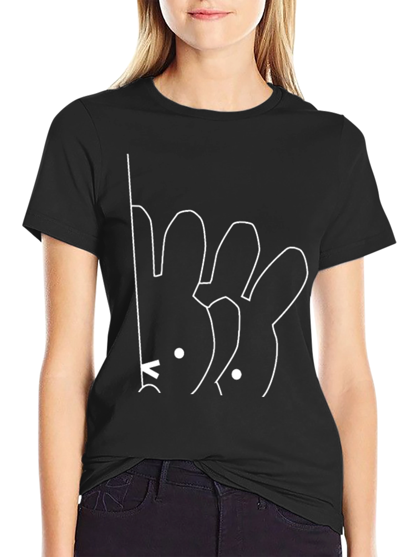 Minimalist Bunny Line Art Black T-Shirt