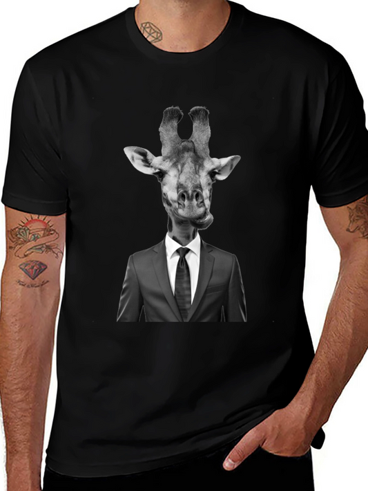 Giraffe in Suit Graphic Tee - Unique Mens Black T-Shirt