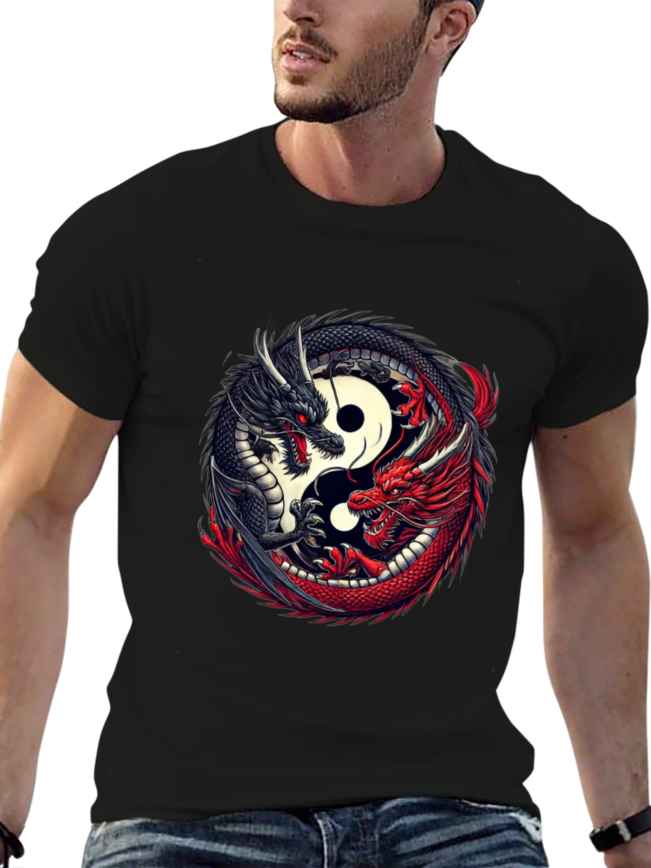 Yin Yang Dragon Graphic T-Shirt - Black